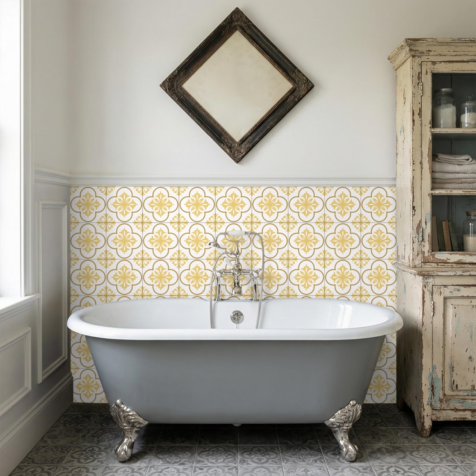 Stick on Tiles Moroccan Yellow Kitchen Tile Stickers Waterproof Vinyl Decals Self Adhesive Stick on Bathroom Tiles Backsplash Decorative Tile Covers 30x30 cm/ 10 pcs
