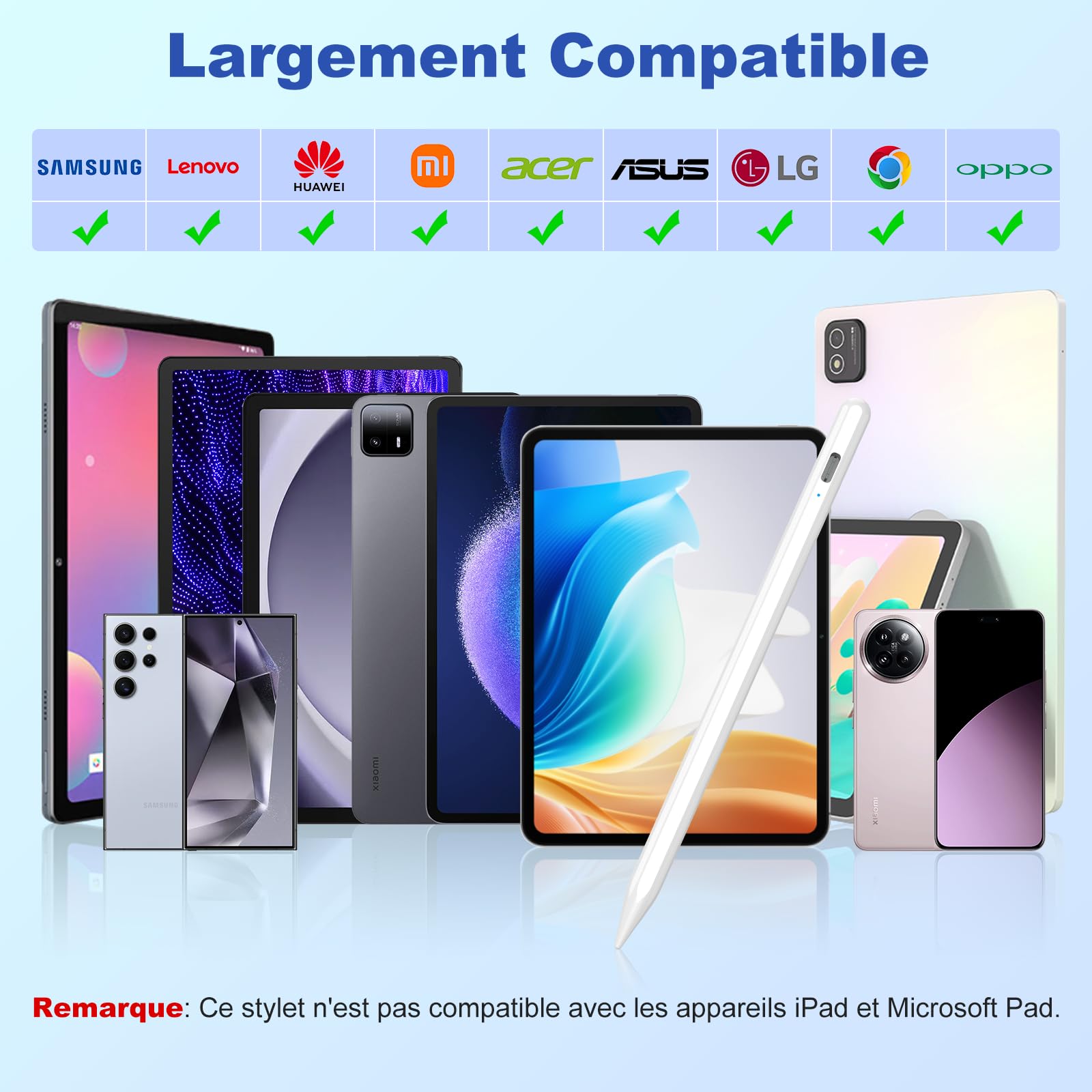 KBCASE Stylet Universel pour Tablette Android Samsung Lenovo Huawei Xiaomi Vivo, Sensibilité à l'inclinaison, Haute Précision, Recharge Rapide, Blanc