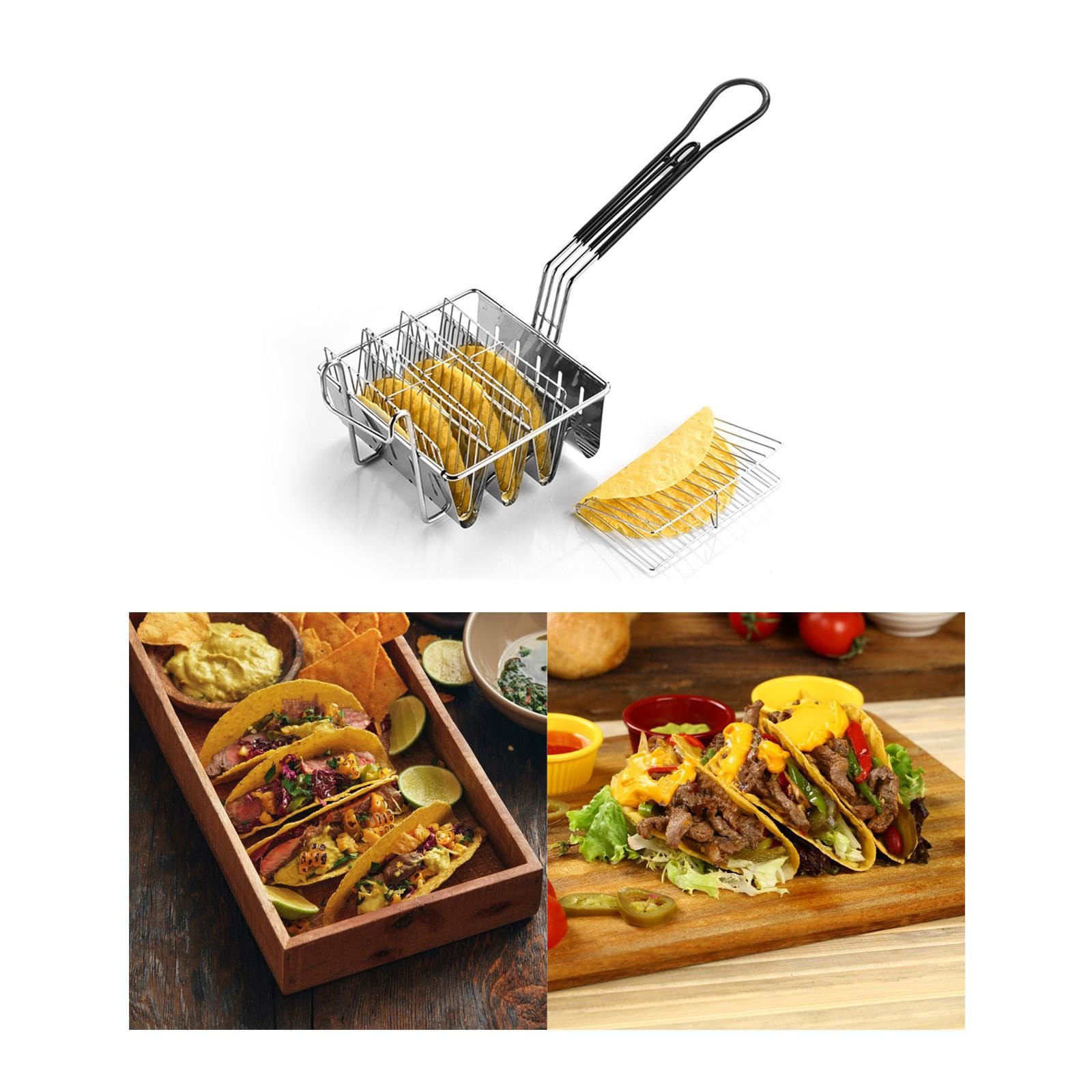 Taco Basket Resistente de Acero Inoxidable Cesta para Freír Tacos Soporte de Tacos Y Burritos Mango Cómodo Y Curvado Adecuado para Preparación de,