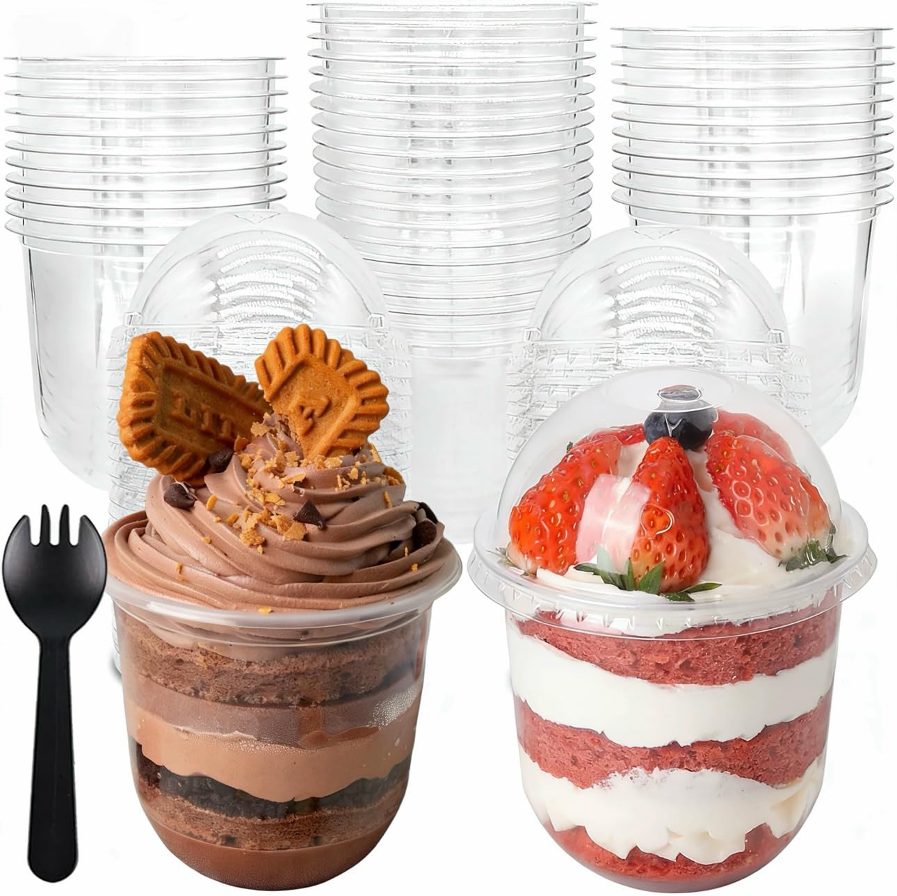 YUTRONE 100PCS Dessert Cups with Lids and Spoons 360ml Plastic Cheesecake Pots 12oz Desserts Cup Reusable Clear Serving Dessert Bowls for Cakes Pudding Yogurt Fruit Mousse Ice Cream