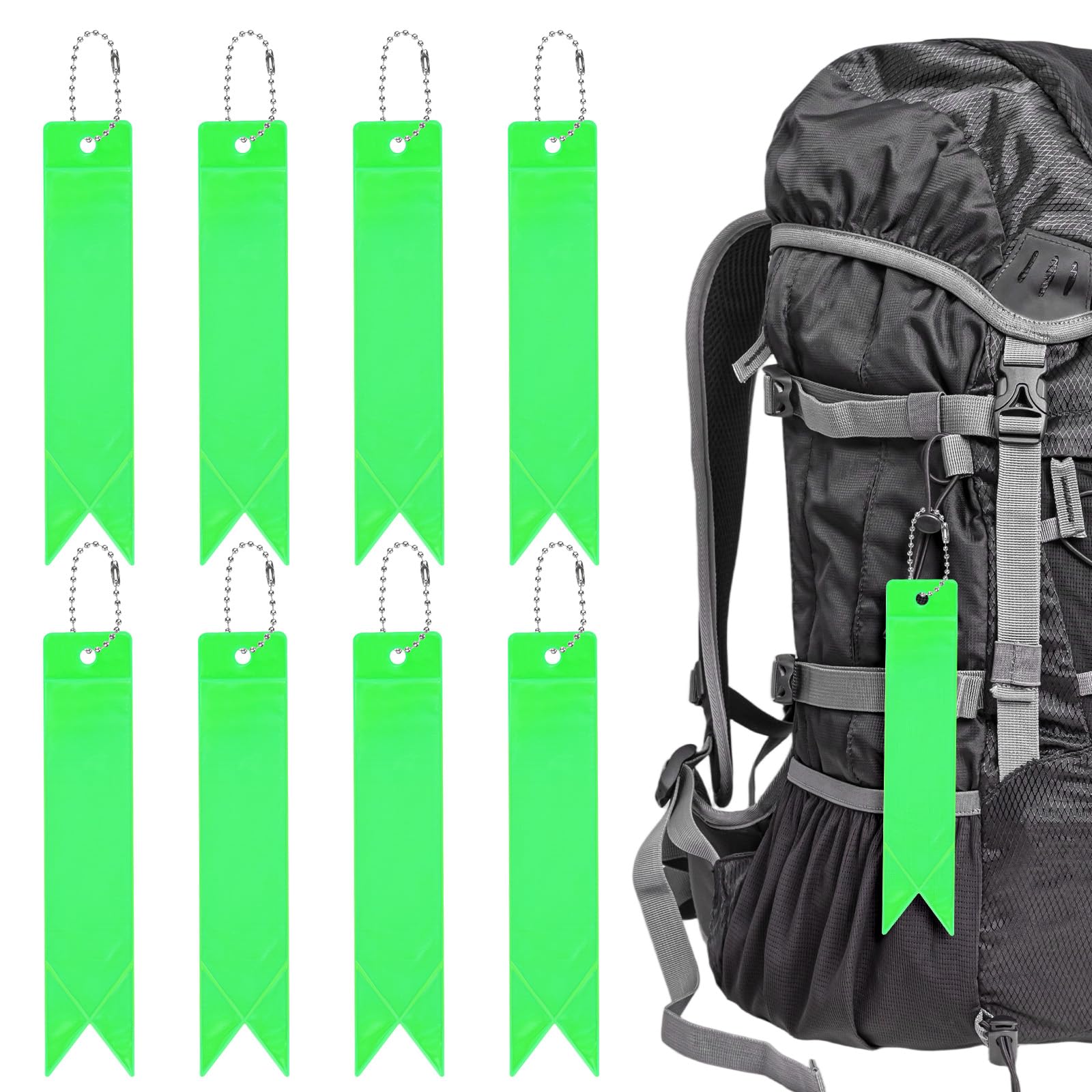 TIXIPEM Safety Reflector Pendants [8PCS] - Reflective Safety Keychain Gear with Chain Use for Backpack & Running & Cycling - [Grass Green-5.9IN/15CM] Double-Sided Reflective Tags