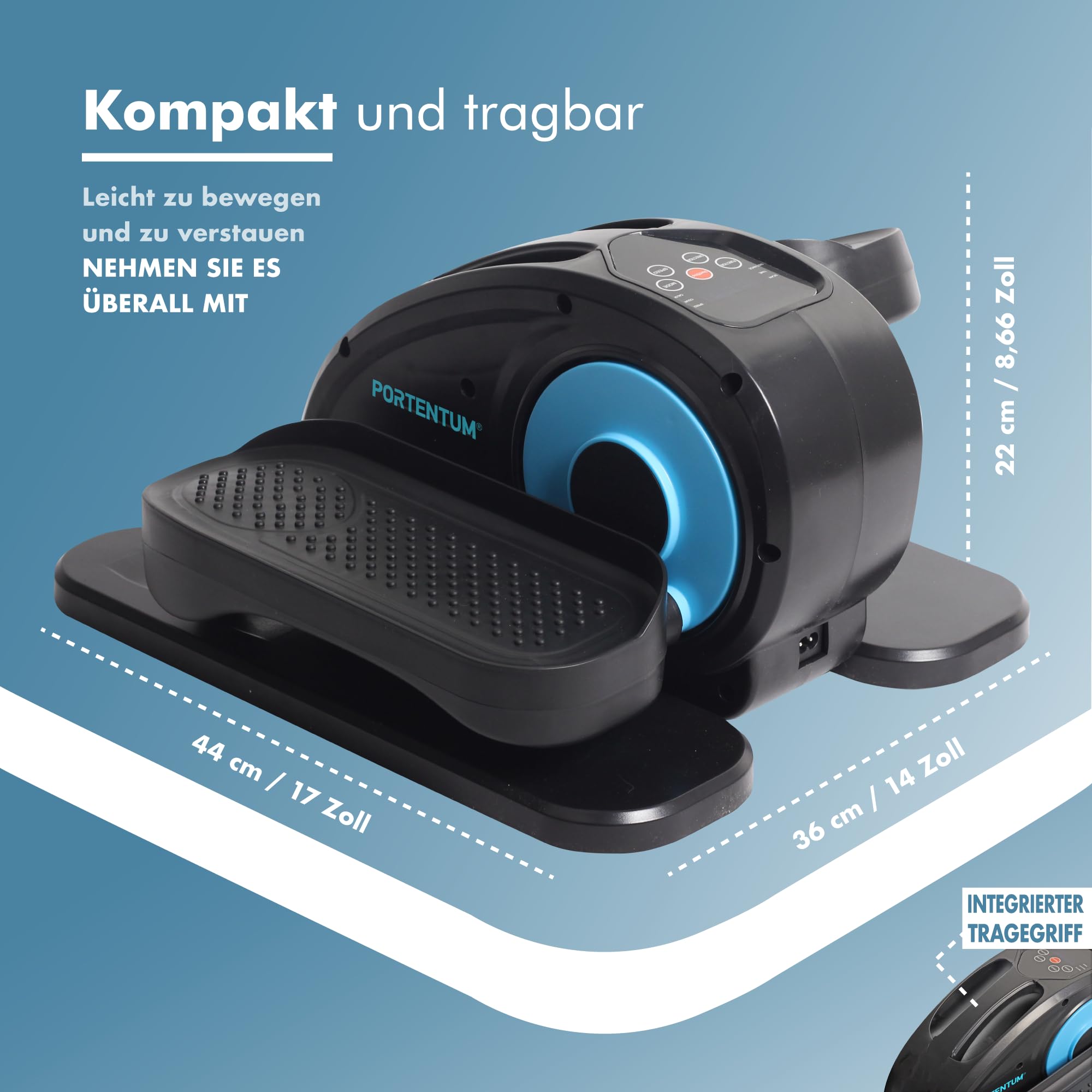 PORTENTUM Mini ellipsentrainer für zuhause elektrisch mit Fernbedienung, Display und leisem Motor – Pedaltrainer für senioren automatisch und manuell mit Geschwindigkeitswahl – Kompakt für Büro