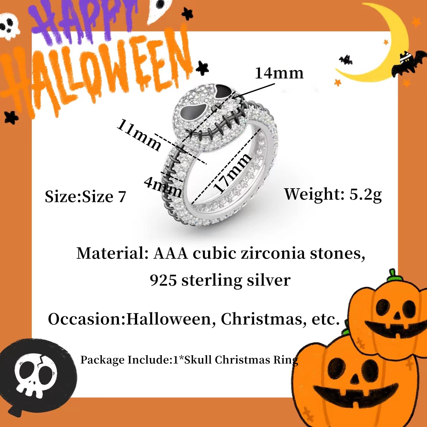 GAUEIOUR Anillo de Navidad de calavera, lindo anillo de Navidad de Halloween, con diseño de calavera de diamante de aceite de goteo, anillo creativo de moda, calabaza y calavera, Medium, Plata