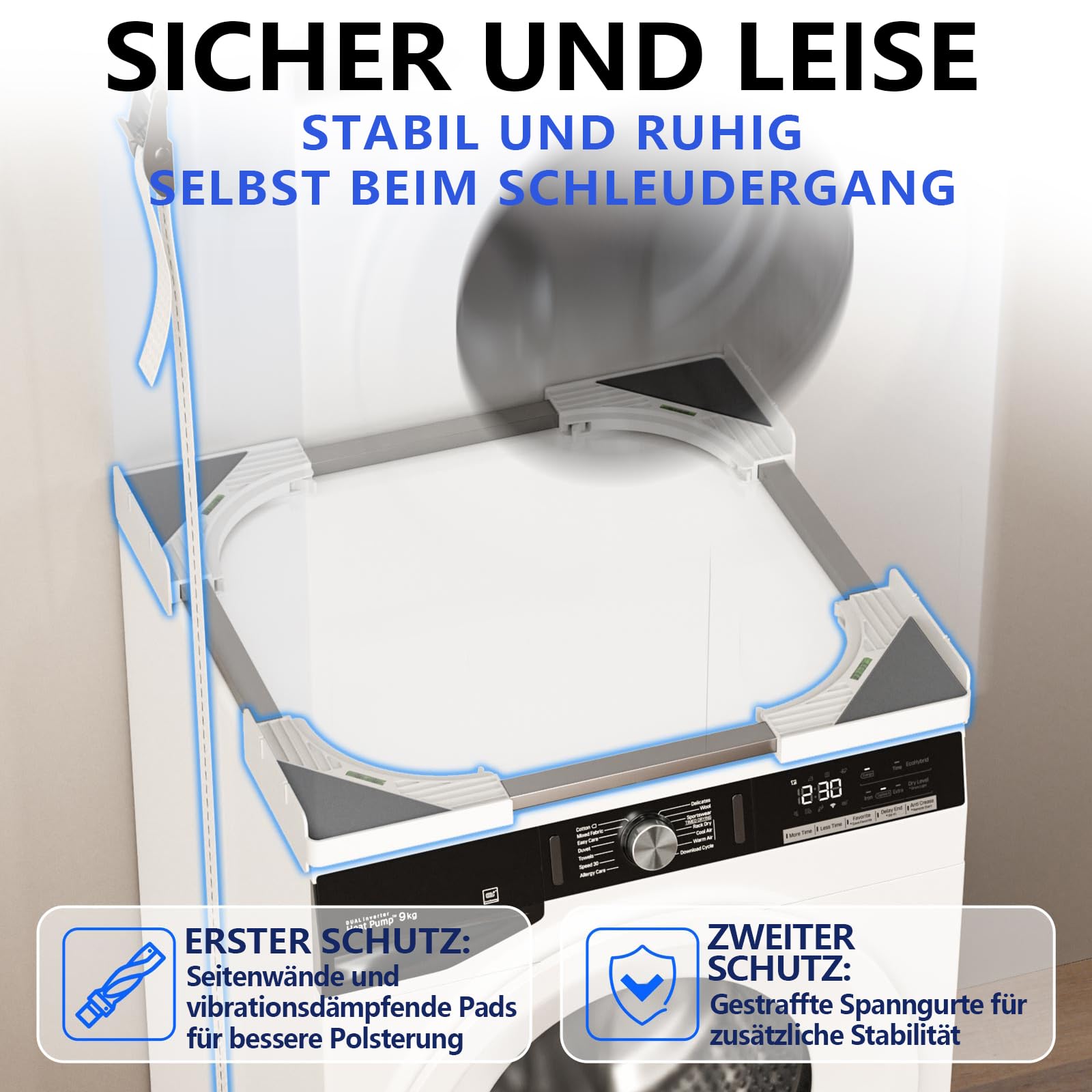 Slimline Waschtrockner-Stapelset, universeller ultradünner Rahmen für 45–68 cm Geräte, platzsparendes Design mit leichtem Aluminium-Ratschenriemen und 4 Multifunktionshaken (weiß)