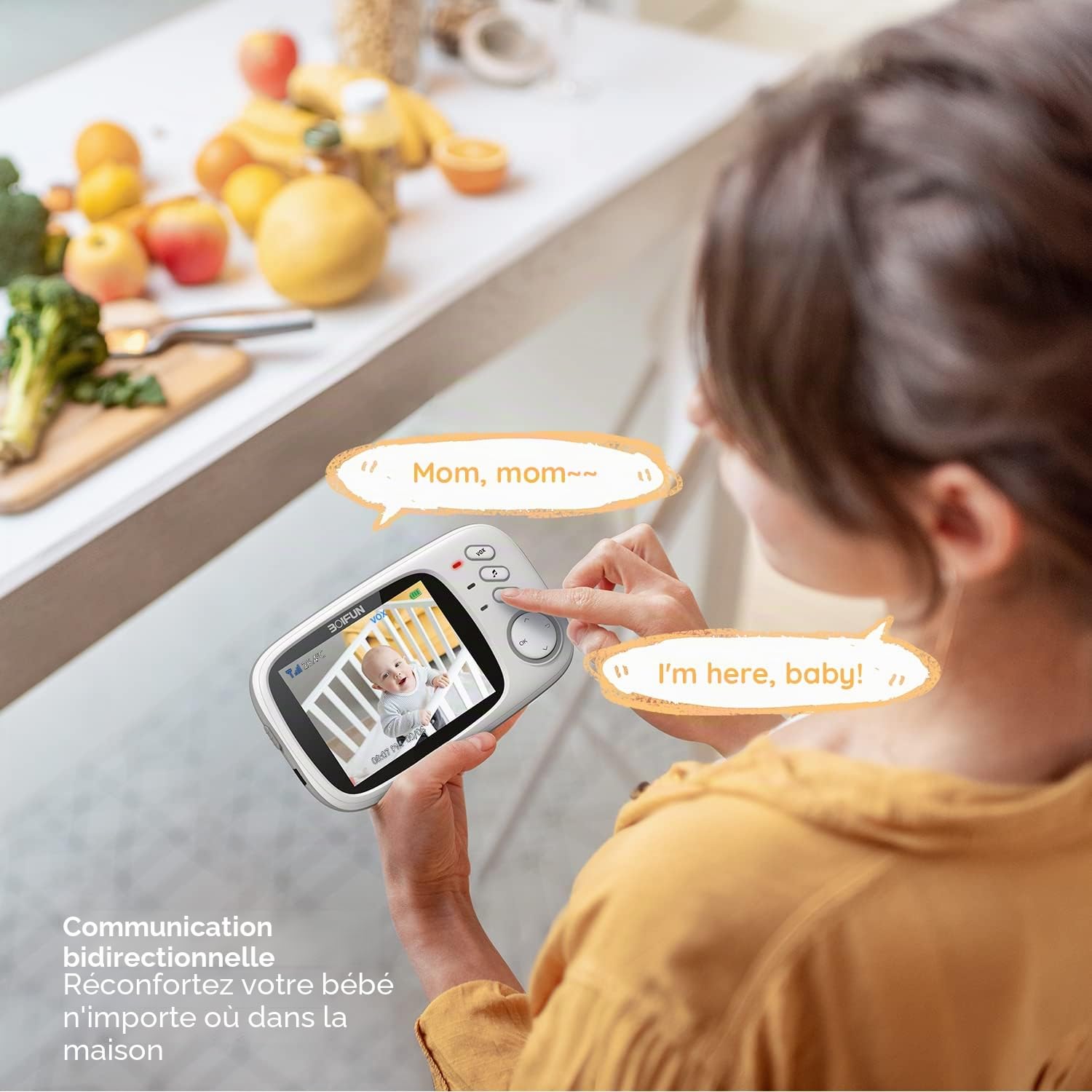 BOIFUN Bébé Moniteur, Caméra Bébé Écran 4" 2000mAh Batterie Rechargeable, VOX Détection du Son, Détection De La Température Et De L'humidité, Vision Nocturne, Soutien Berceuses