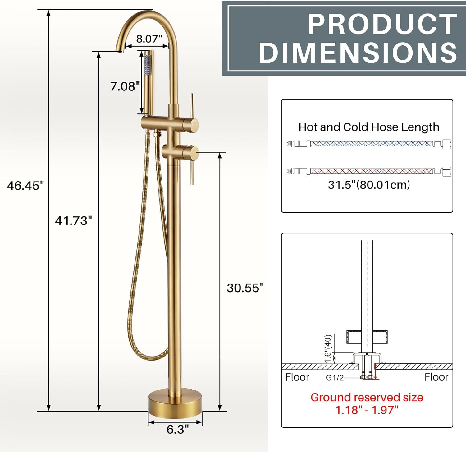 Freestanding Tub Filler Faucet, Floor Mount Brushed Gold Bathtub Faucet with Single Handheld Shower for Bathroom, Brass Shower Tub Faucet Set Complete, Bathtub Faucet with Shower - Image 6