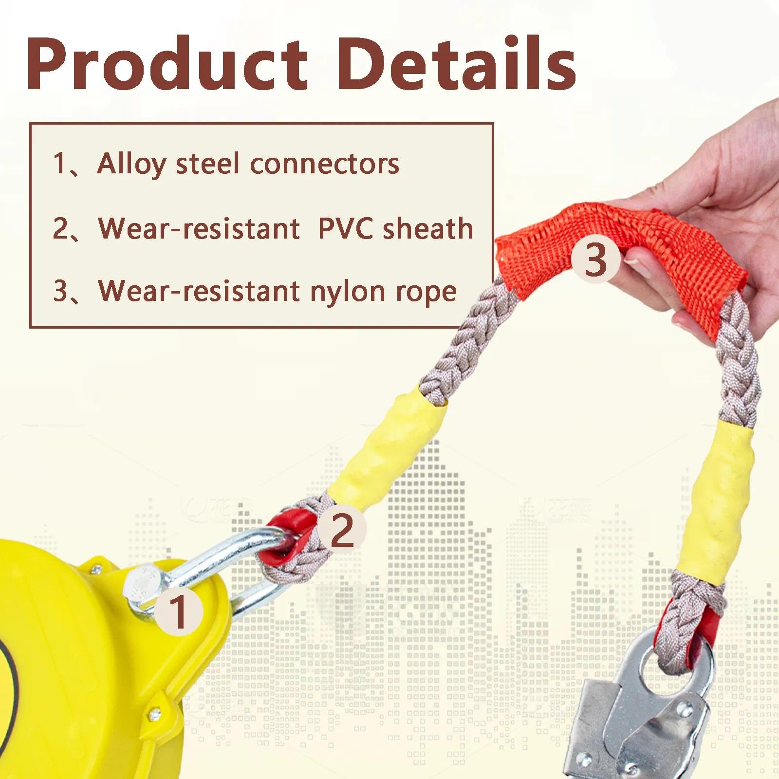 Linea de Vida Retractil Tejado 3-20m, Dispositivo Anticaida Retractil Homologado 150kg, Arnes Seguridad para Trabajo Altura/ Tejado con Cable 3.4 mm Diámetro (Amarillo, 7m) | Imprescindible para tejado y trabajo altura