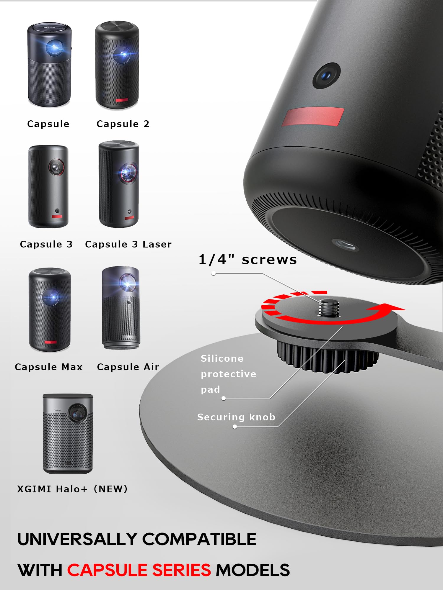 Soporte para proyector compatible con la serie Nebula Capsule (3/Air/Pro) y XGIMI Halo+, giratorio a 360°, rosca de 1/4 de pulgada - Gris