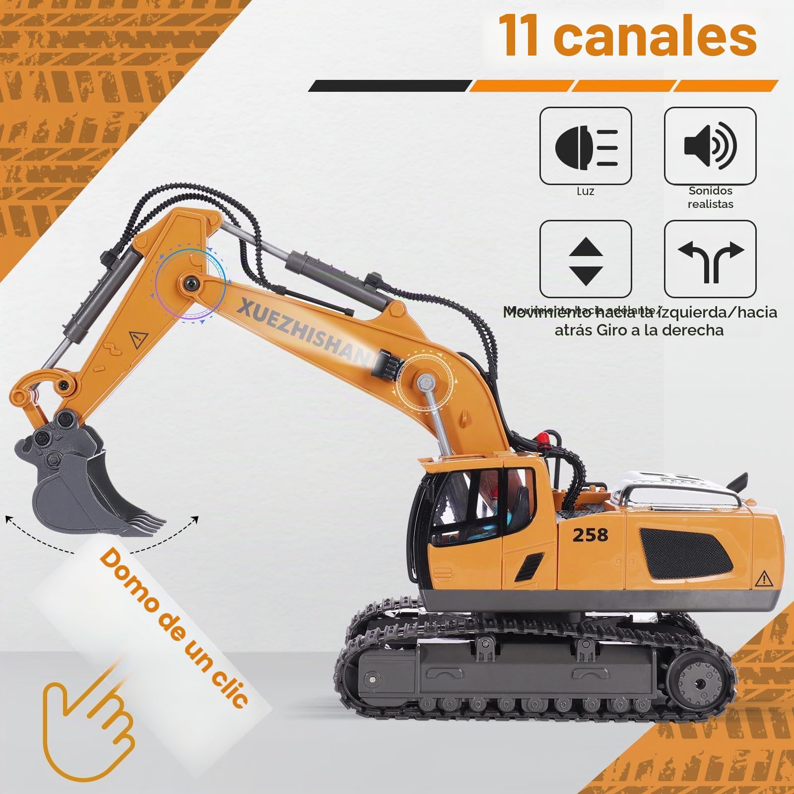 Excavadora teledirigida de juguete RC 2,4 GHz, 11 canales, mando a distancia con pala de aleación de hierro, 2 baterías con luz y música