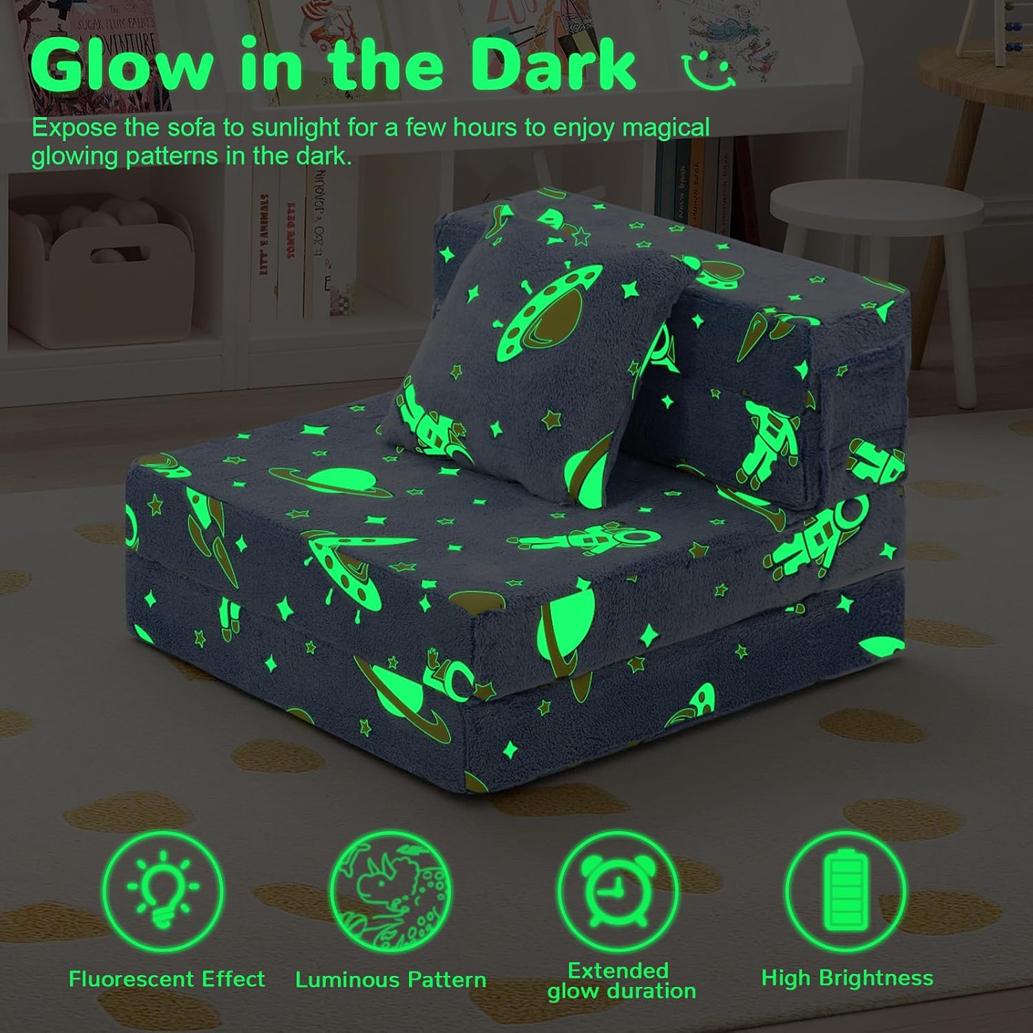 MeMoreCool Kids Foam Play Couch, Glow Rocket Trifold, Ages 3+, Blue