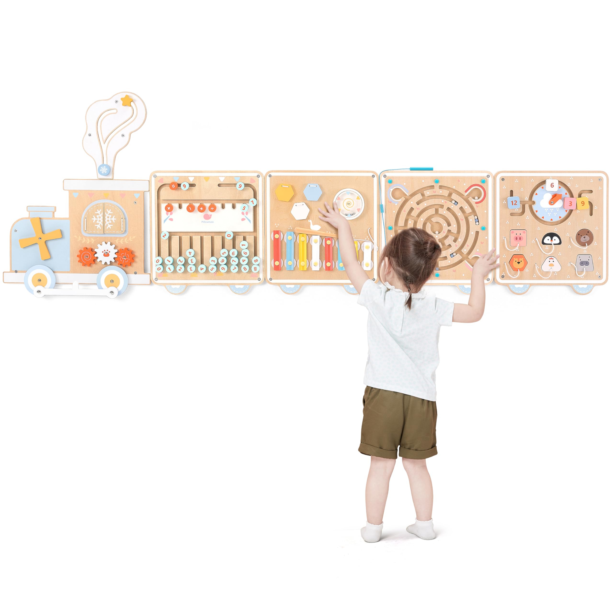 Tabla de actividades de tren de pared, juguetes sensoriales Montessori de madera, centro de actividades de aprendizaje 12 en 1 para sala de juegos, guardería, guardería, aula, juguetes