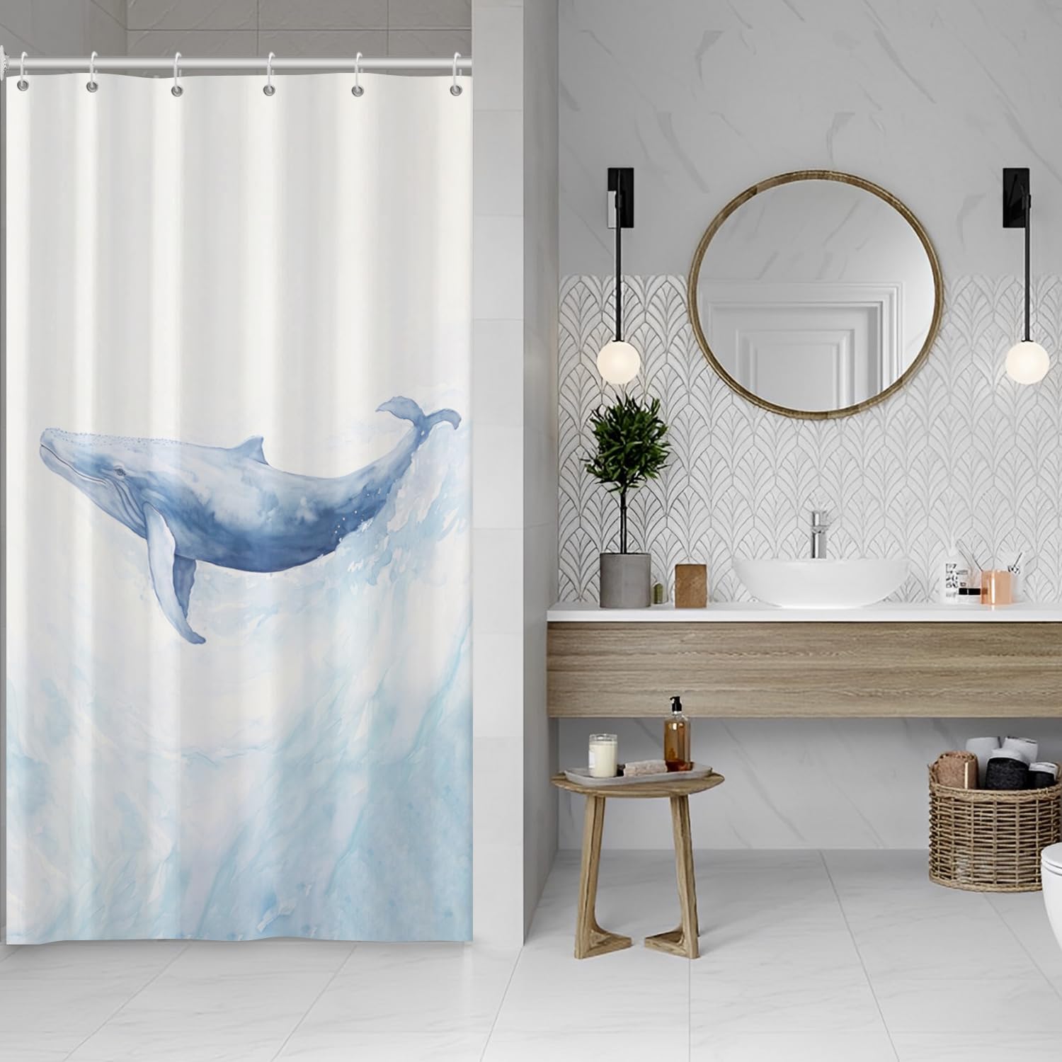 ASDCXZ Whale Shower Curtain 120x200 cm, Modern Art Watercolor Blue Whale Ocean Animal White Bath Washable Narrow Shower Curtains Polyester Textile Waterproof Shower Curtain for Bathtub with 8 Hook