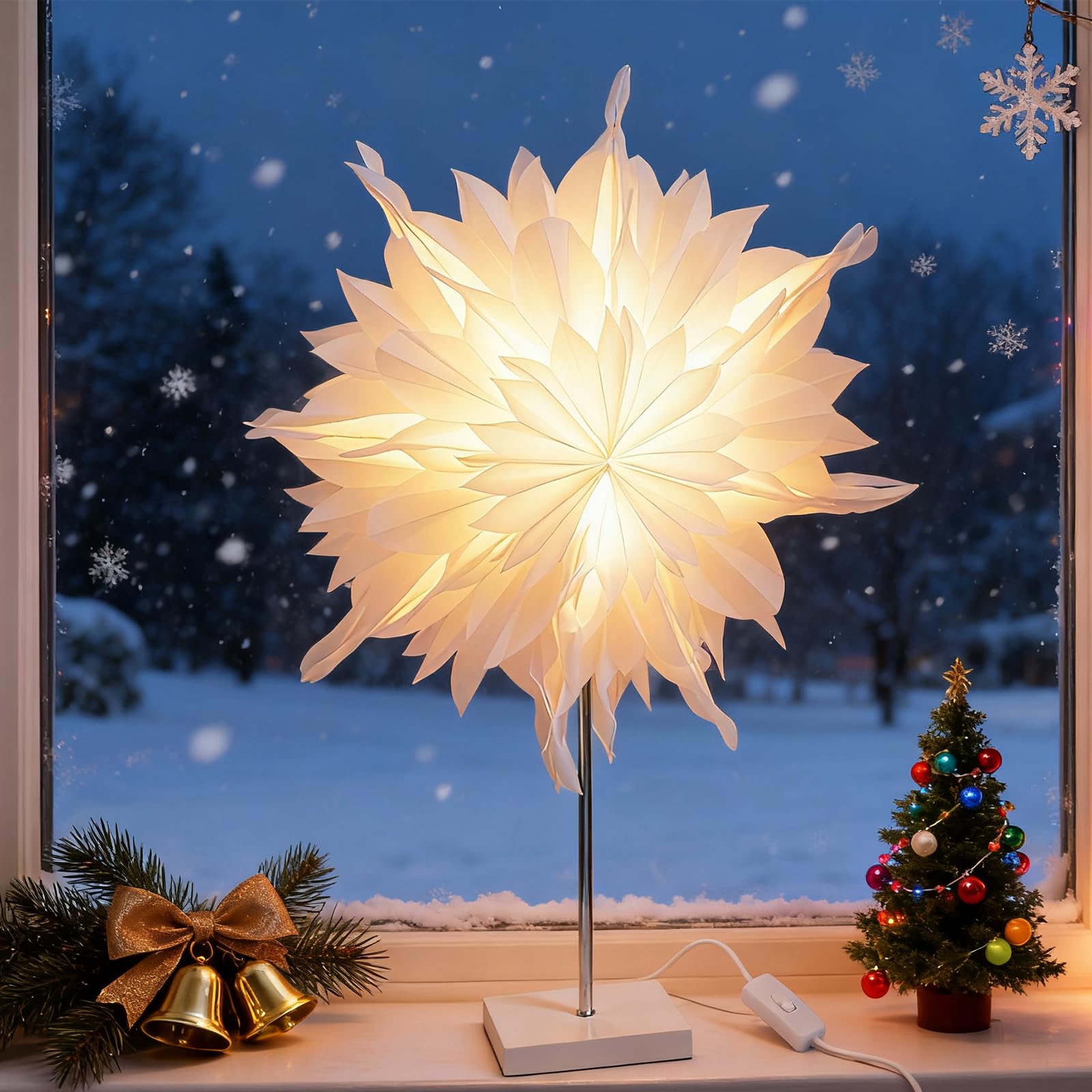 Amazon.de: Lustaled Weihnachtsstern Beleuchtet Stehend, 3D Weihnachtsstern  Schneeflocke Papierlampe Tischlampe zum Hinstellen mit 25W E14 LED fr  Weihnachtsdeko Fenster Innen, Wei 50cm