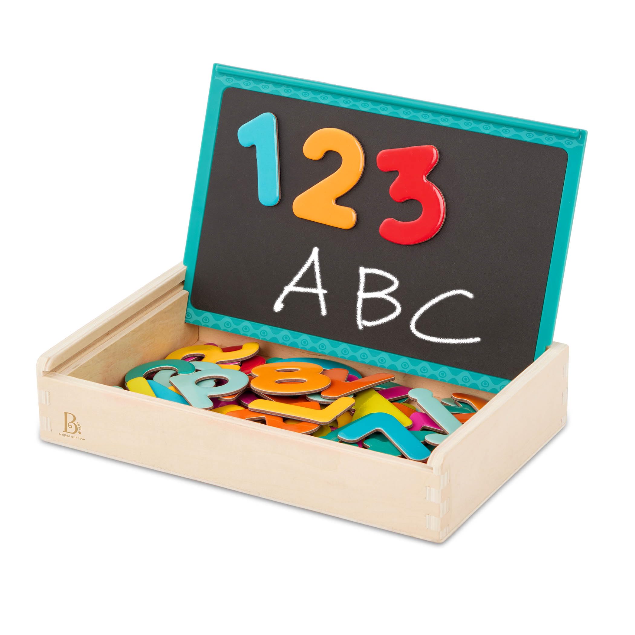 B. toys - Letter & Number Magnets (63-Pieces) - Uppercase & Lowercase Alphabet Magnets - Wooden Storage Box with Lid - Magnetic Chalkboard Lid - 3 Years +