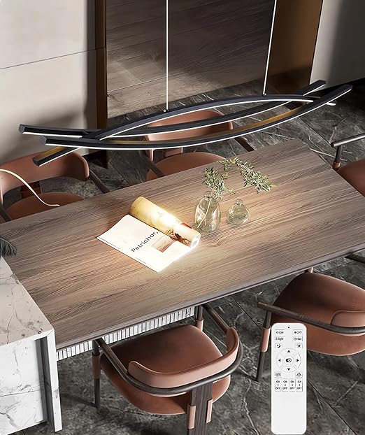 JINGKER Moderne LED Dimmable Hanglamp met Afstandsbediening, Instelbare Hoogte/Beeldkracht, Arc Art Line voor Restaurantverlichting/Barlamp/eettafel, Zwart 100W (L150CM)
