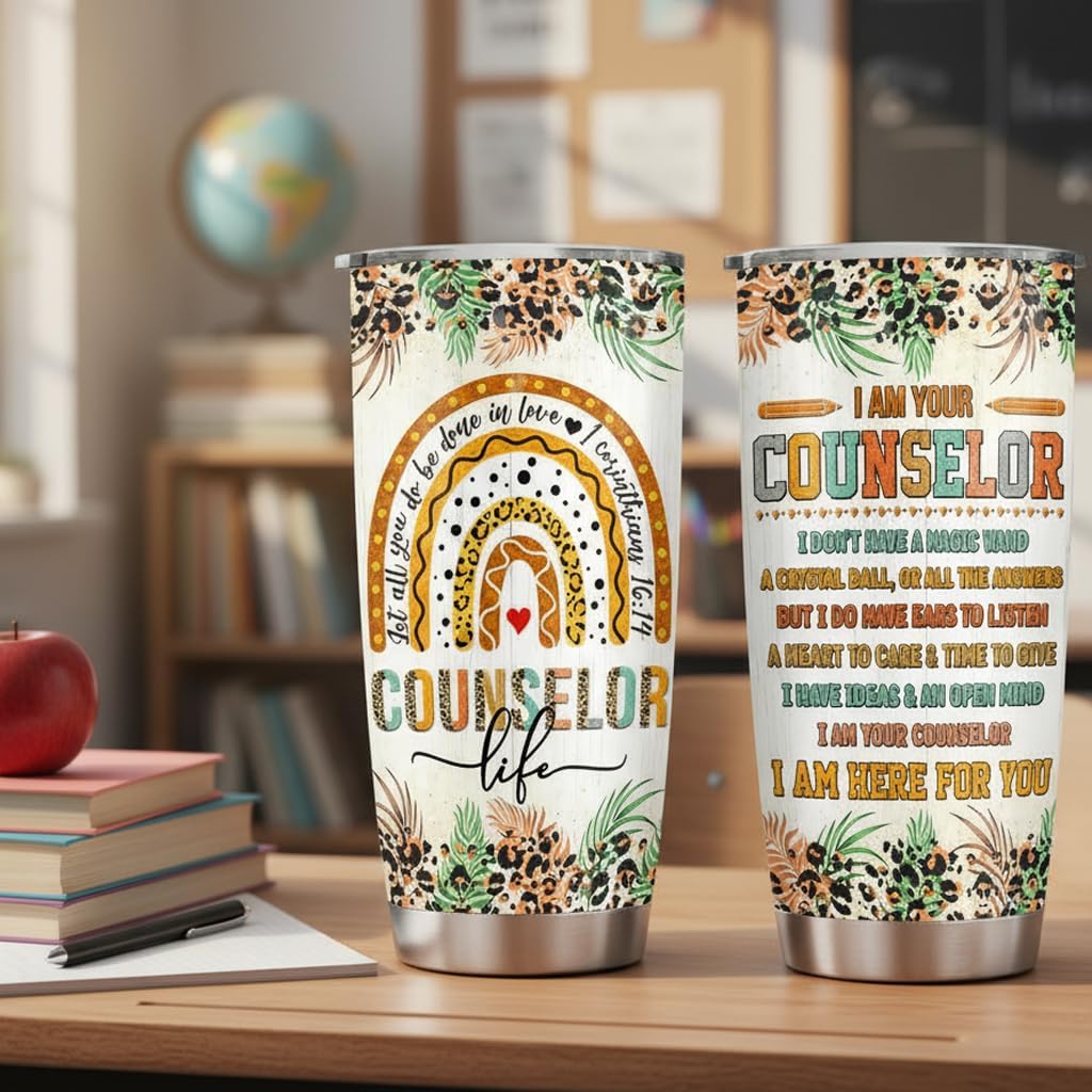 4LIEUBASMI School Counselor Gifts 20oz Tumbler, Counselor Appreciation Week, Modern Multicolor Rainbow Letter Print Stainless Steel Insulated Reusable Drinking Cup, 591ml, 1 Count - Image 5