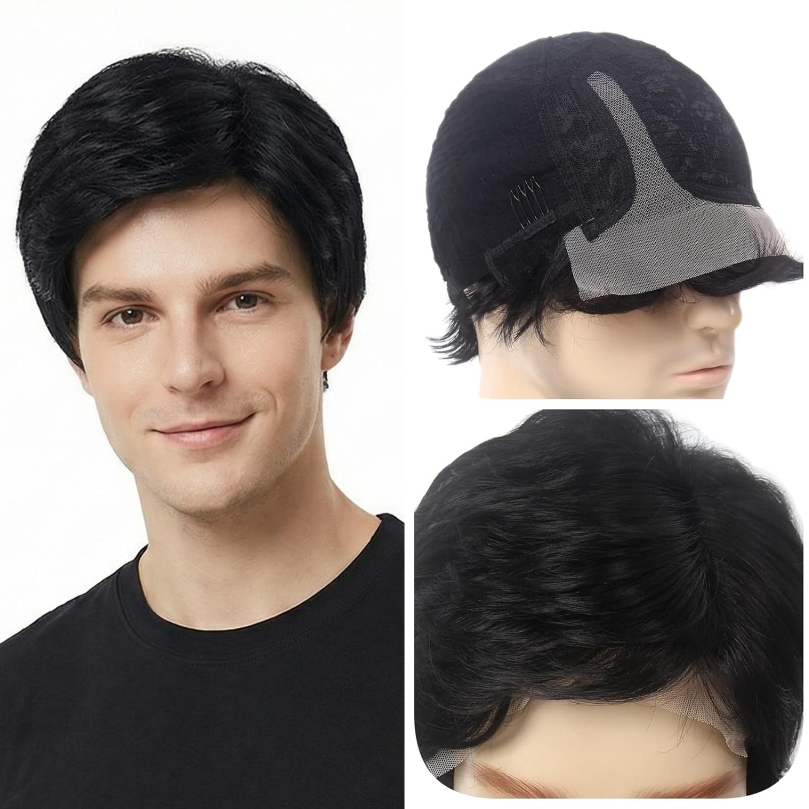 Photo 1 of STfantasy Black Lace Front Mens Wigs 6X4X0.5 T Part Lace Short Wigs with 150% Density Side Part Synthetic Hair for Men Man Male Daily Used Costume Party Halloween Cosplay Updated Soft Hair