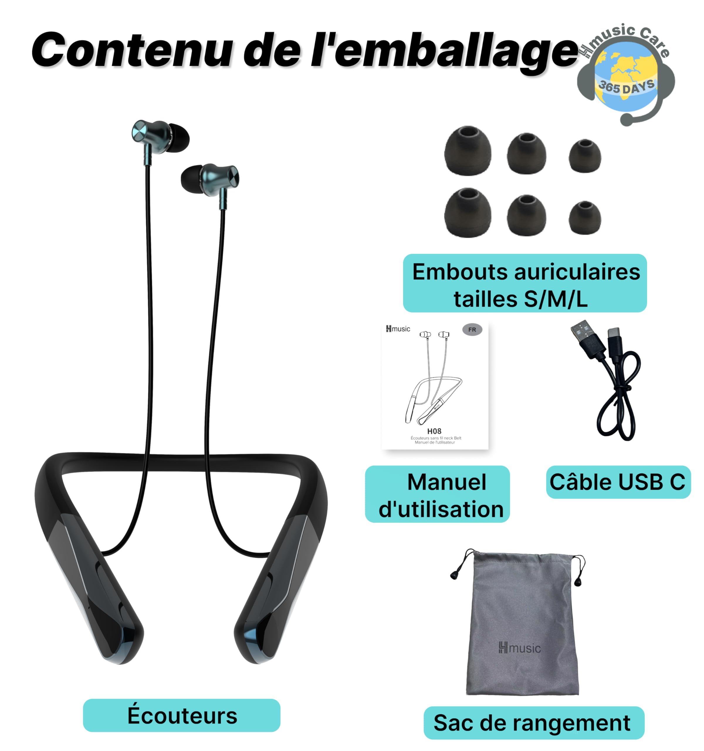 Hmusic H08 Casque Tour de Cou Bluetooth 6.0 sans Fil | Retour audio en temps réel, 35H Autonomie, IPX5 étanche, Affichage Numérique LED, Écouteurs magnétiques