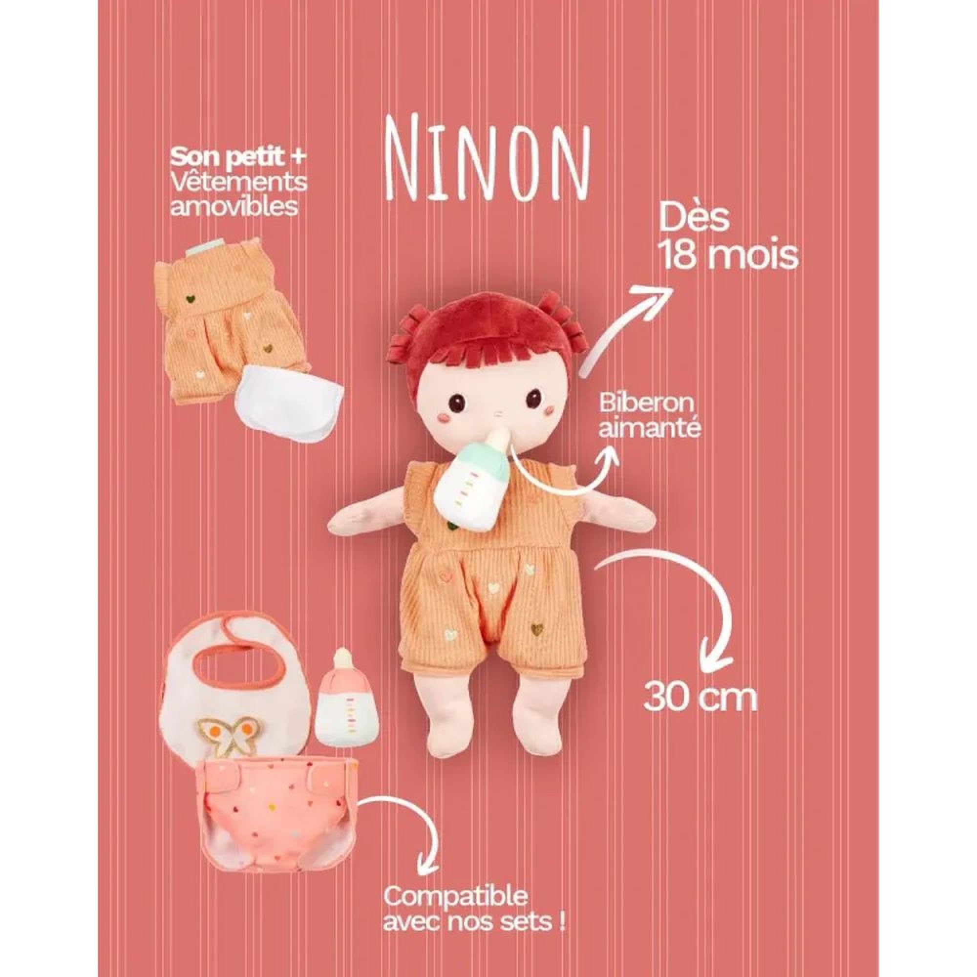 LILLIPUTIENS, Ninon, Poppon in Tessuto Lestato 30 cm con Biberon Magnetico