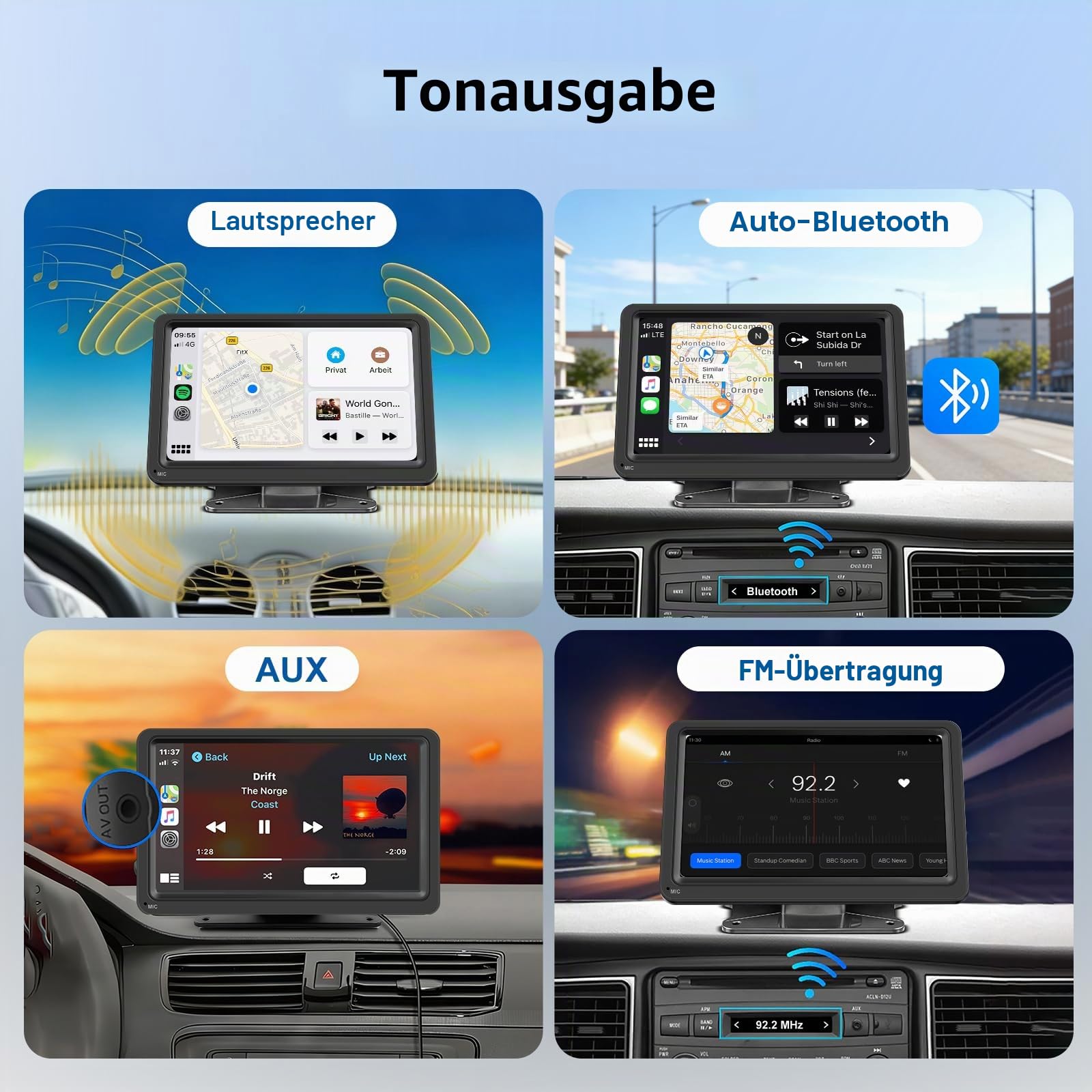 7 Zoll Tragbarer CarPlay Bildschirm mit Wireless Android Auto IPS Display | Mirror Link Tag-Nacht-Modus Bluetooth FM Transmitter AUX Eingang 12-24V Fahrzeuge und kompaktes Design für einfache Montage