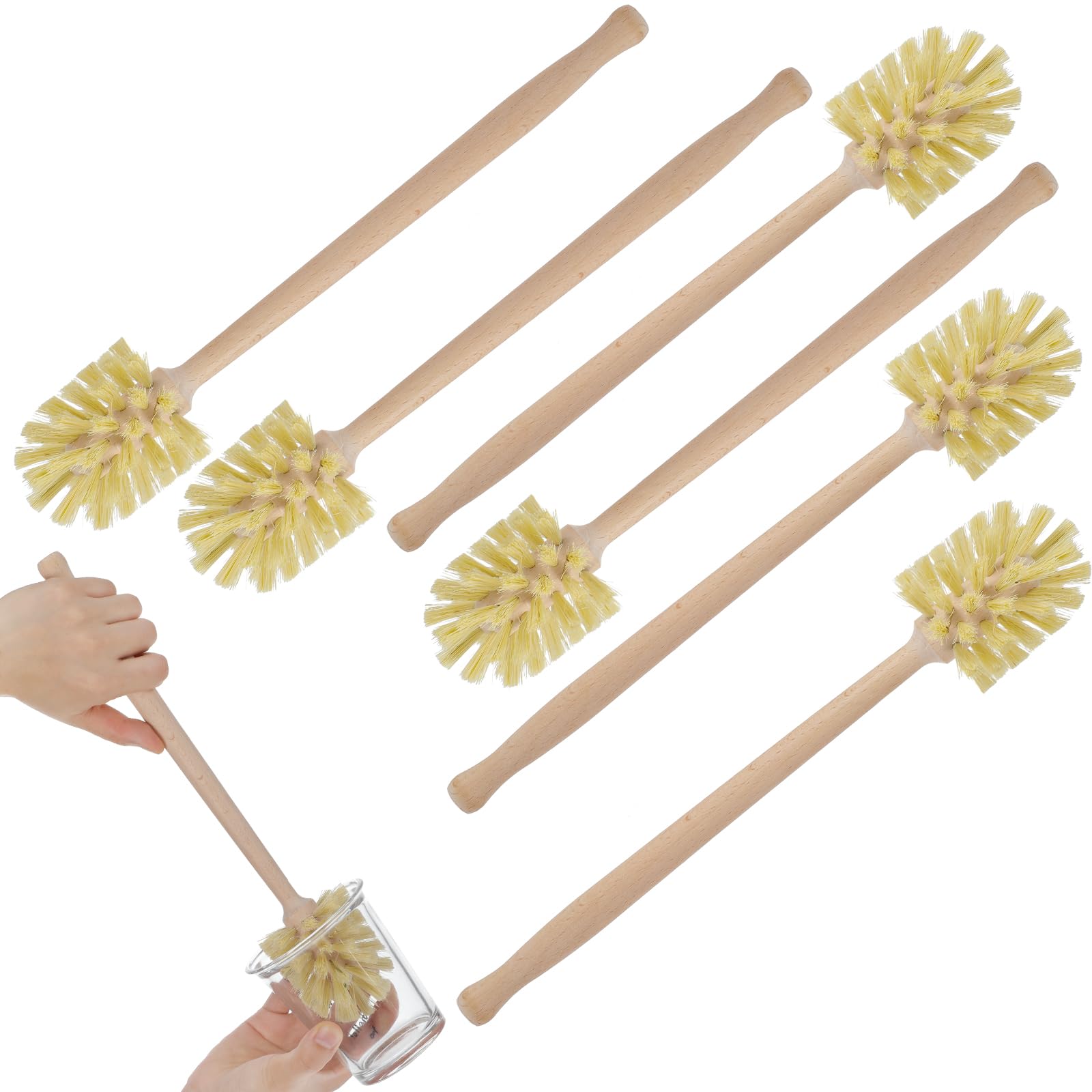 6 cepillos para botellas, cepillo de madera natural para fregar platos con cerdas largas de madera de haya para limpiar botellas, tazas, tarros, vasos, platos, jarrones, jarrones, jarrones, jarra