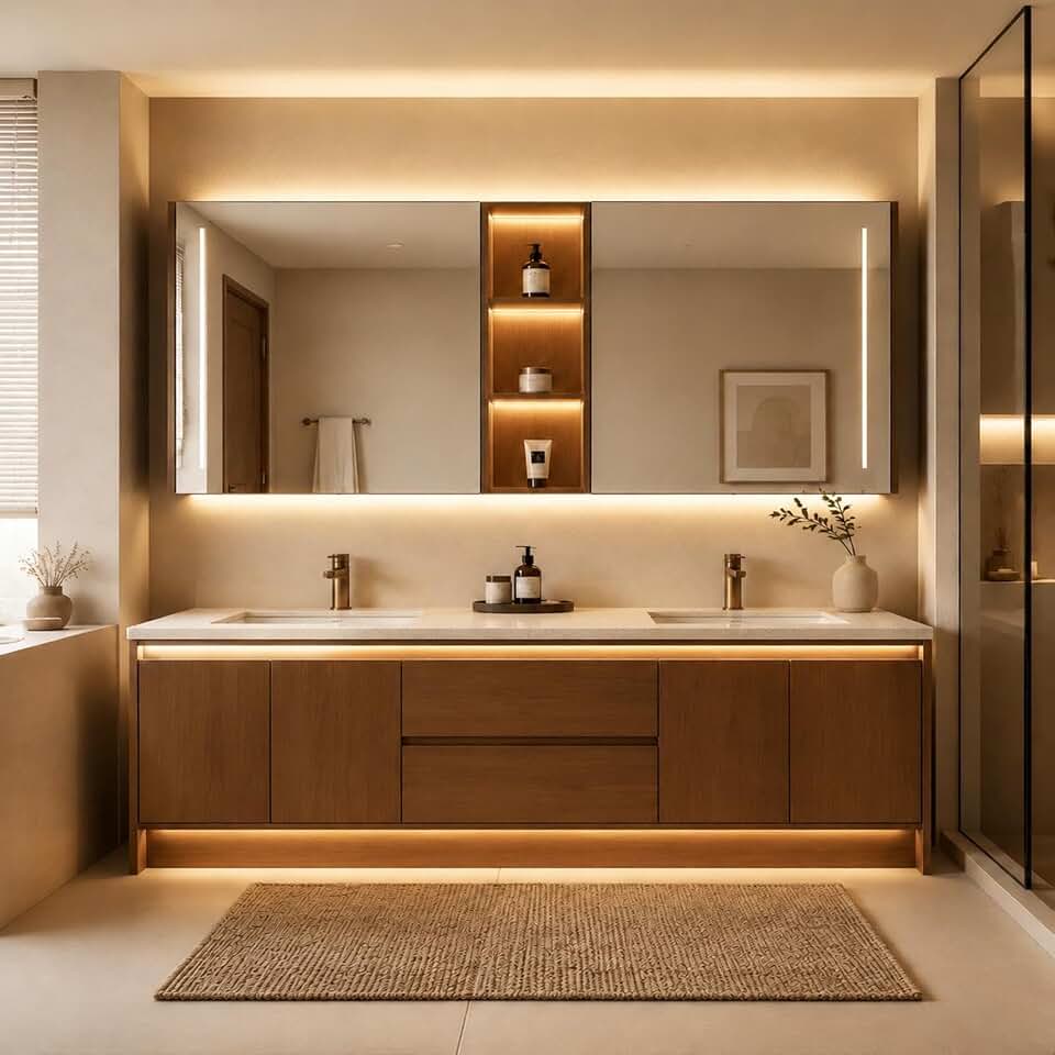 108 IN Freestanding Double-Sink Bathroom Vanity with LED Mirror Cabinet