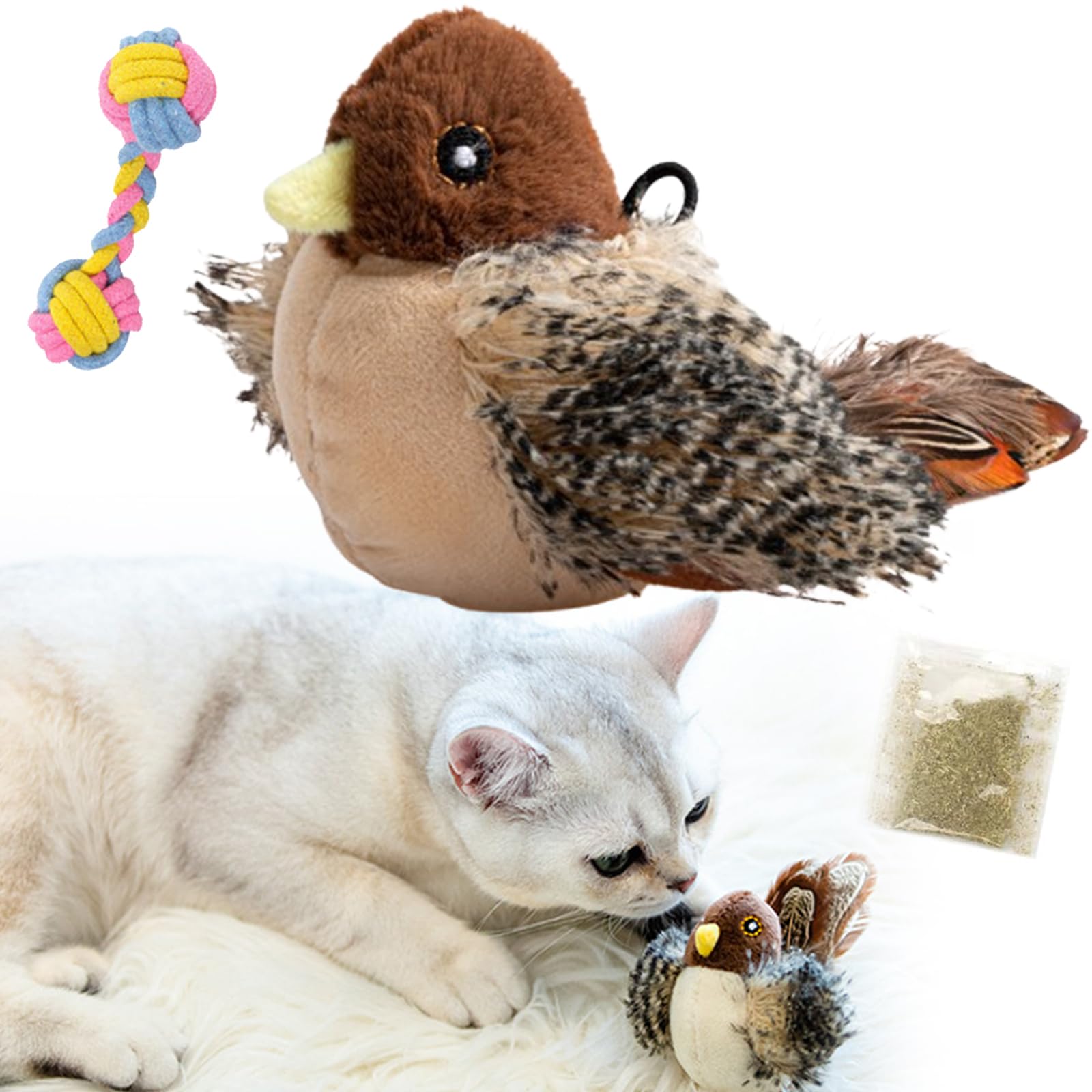 Vgpbphj Whiskersandclaws Interactive Flapping Bird Toy, Chirping Flapping Bird Cat Toy, Interactive Flappy Bird Cat Toy, Simulated Chirping Bird Cat Toy, 3-Speed Mode Cycle (Chirping)