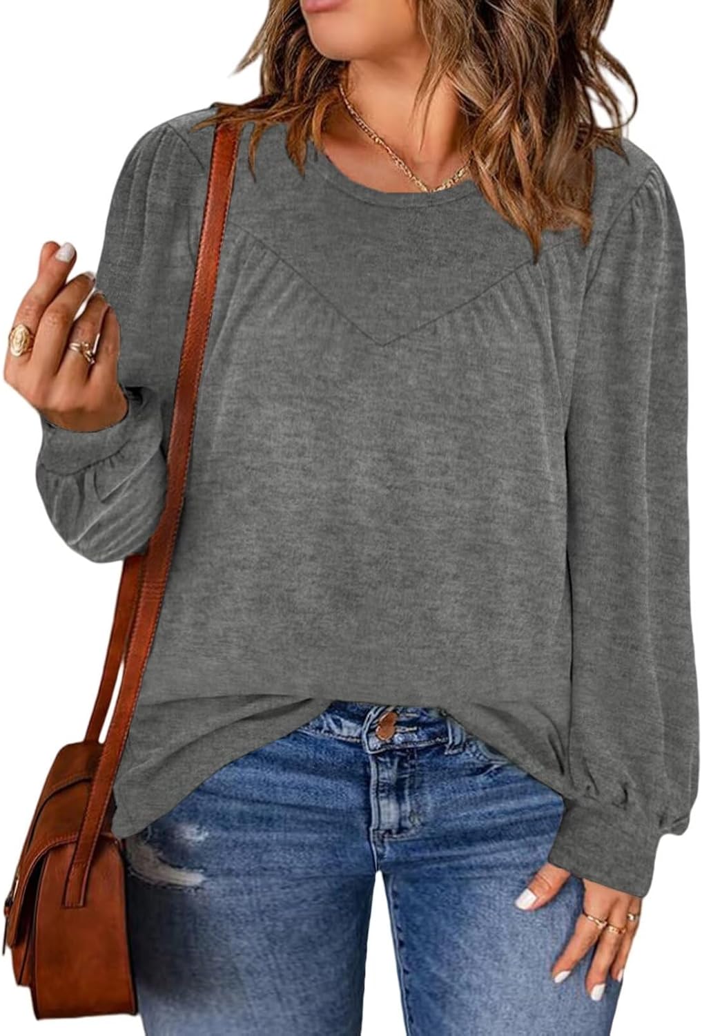 DOLNINE Womens-Plus-Size-Tops Trendy Puff Long Sleeve Shirts Cute Crewneck Pleated Blouses Lightweight Loose Fit Sweatshirts