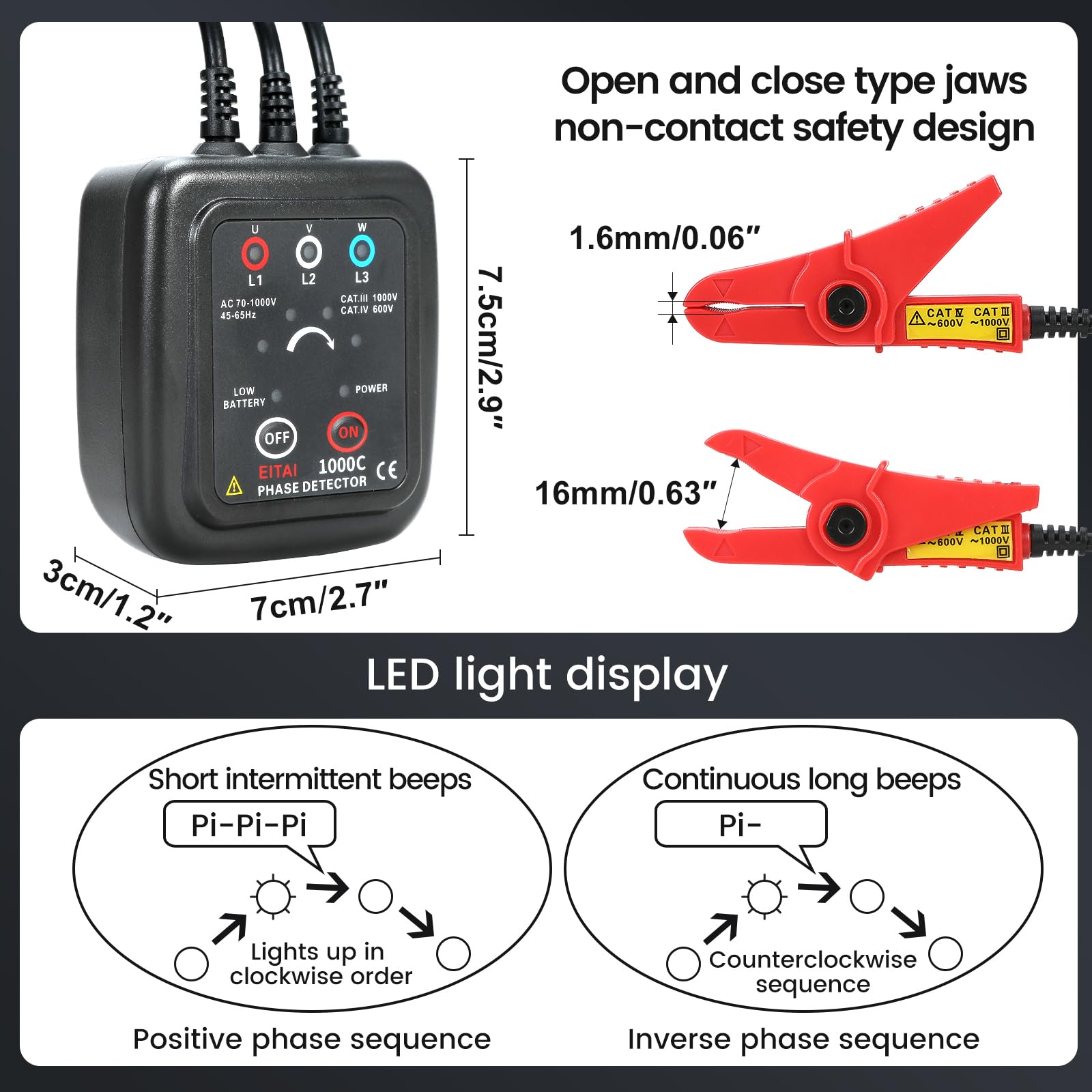 ETCR1000C Probador de secuencia de fase sin contacto, CA 70V-1000V, Φ1.6mm-16mm, venta directa del fabricante, medidor de rotación de fase