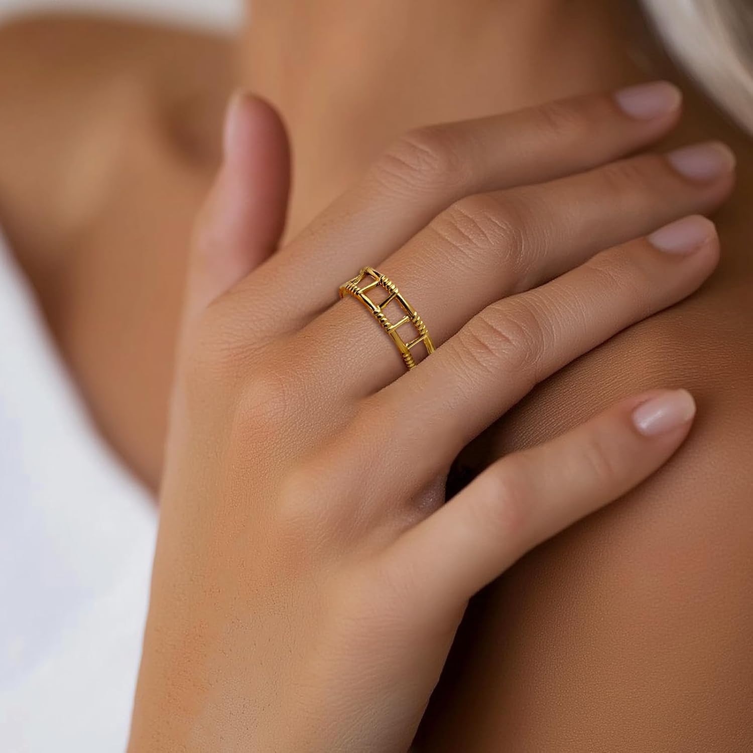 Chunky Gold Open Rings for Women, Trendy Minimalist Vintage Adjustable Twisted Link Geometric Hollow Sun leaf Thumb Stackable Ring Prom Holiday Jewelry Gift - Image 2