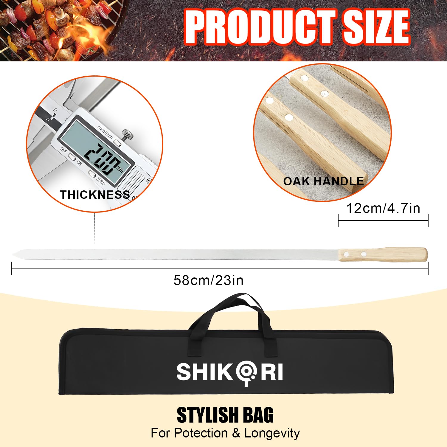 SHIKORI Pinchos de Kabob, pinchos para barbacoa, palos de acero inoxidable, 23 pulgadas, resistentes, grandes, anchos, reutilizables, con madera antideslizante, 12 piezas