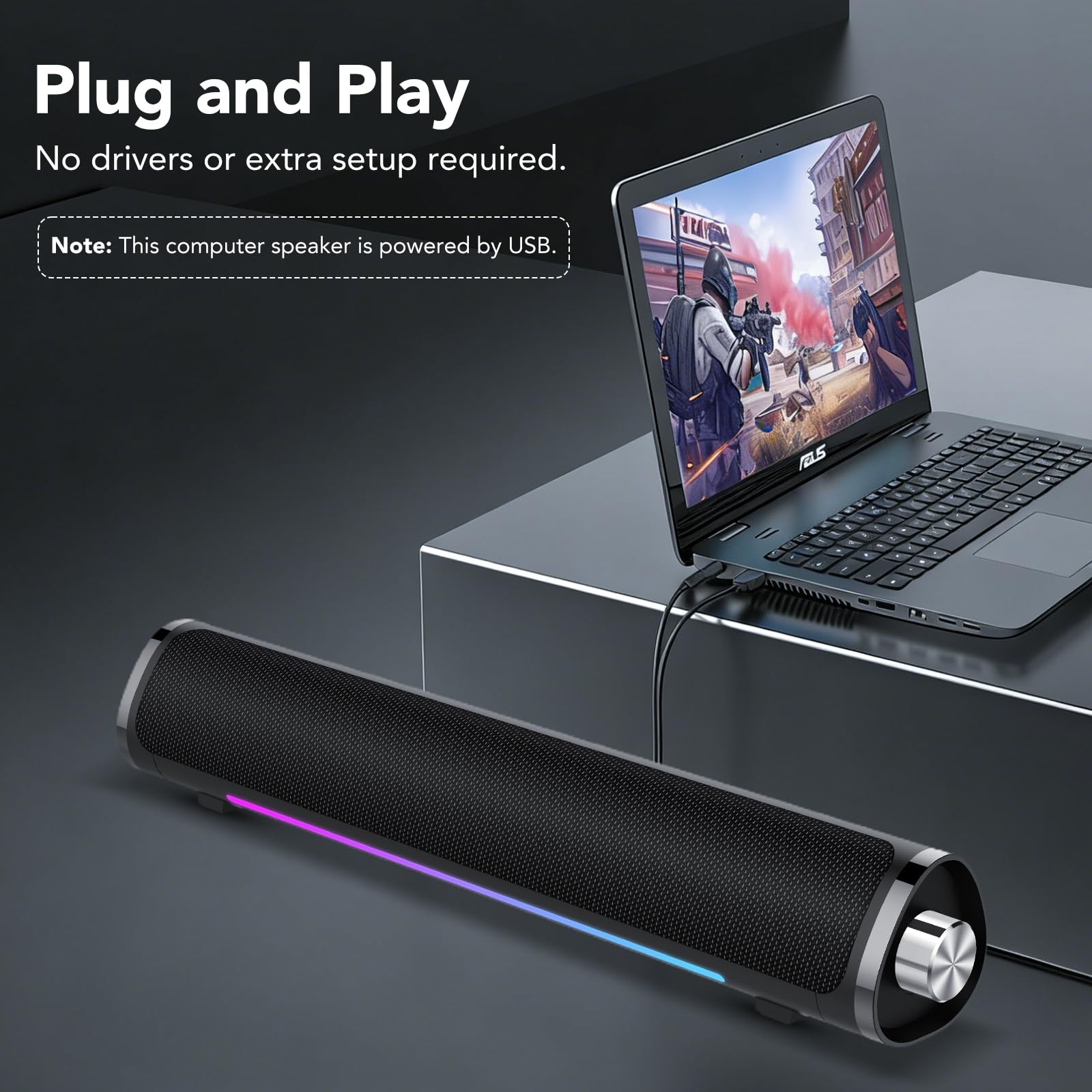 aowoka S24-1 speaker connected to a laptop via USB for power