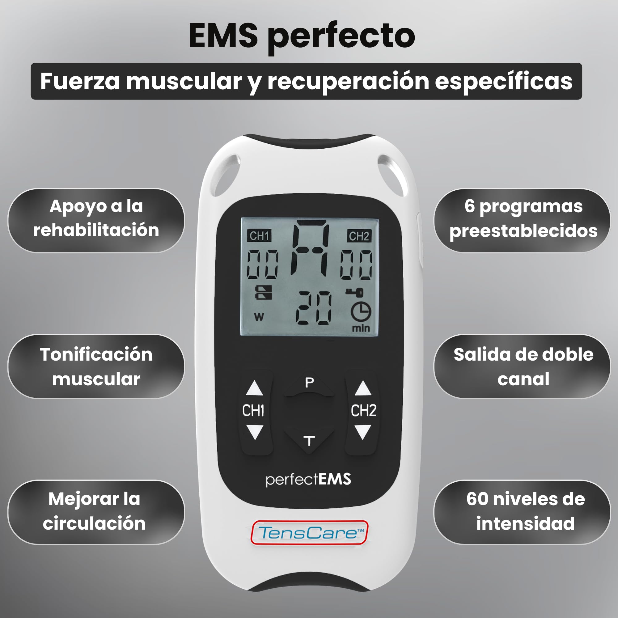 TensCare Perfect EMS Electroestimulador Muscular TENS EMS | Modos TENS y EMS para estimulación muscular, alivio del dolor, tonificación y rehabilitación.