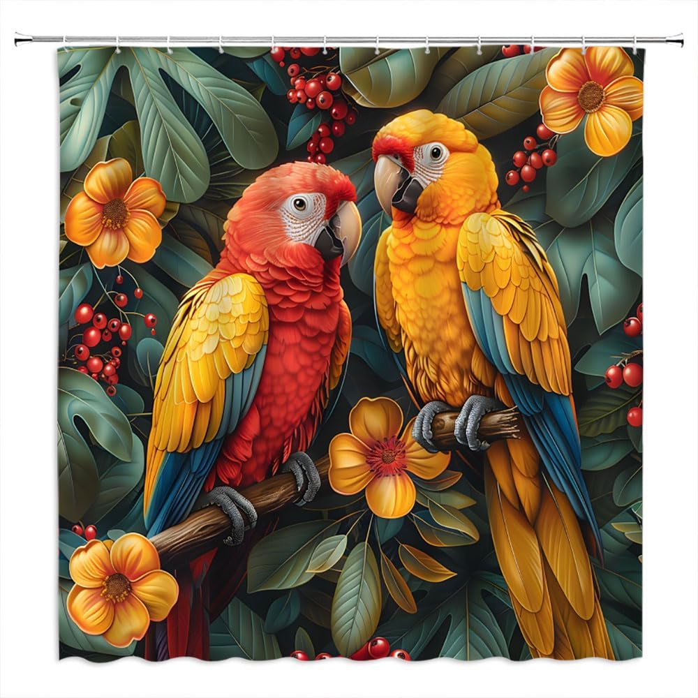 Parrot Shower Curtain Tropical Bird Flower Green Leaves Berry Summer Rainforest Jungle Plant Animal Bathroom Curtains Polyester Fabric with Hooks 106Wx70H Inch
