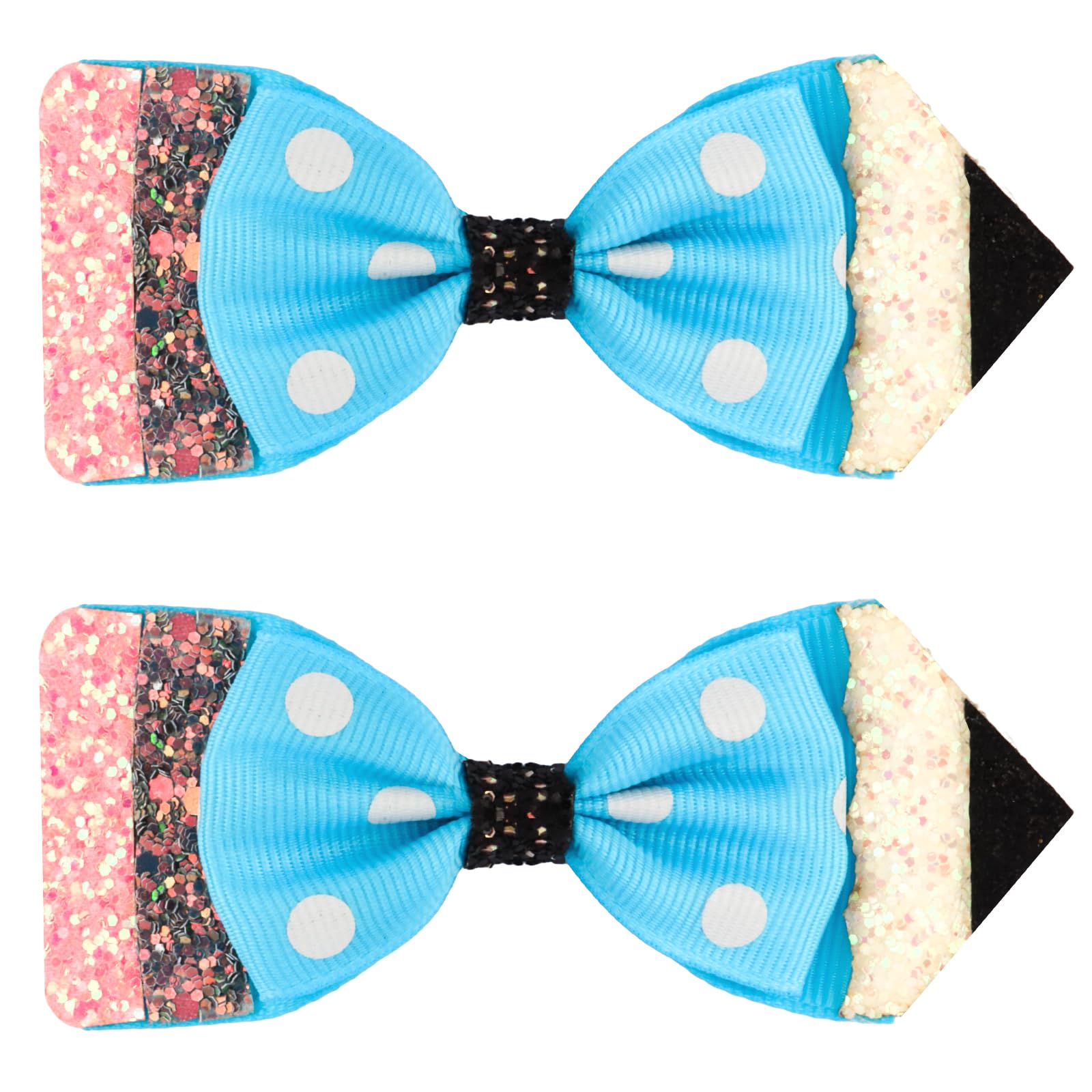 Aprince Back to School Pencil Hair Bows for Girls 2pcs,Glitter Blue Pencil Hairpins,Cute Polka Dot Hair Barrettes for Teens Toddlers Kids Girls