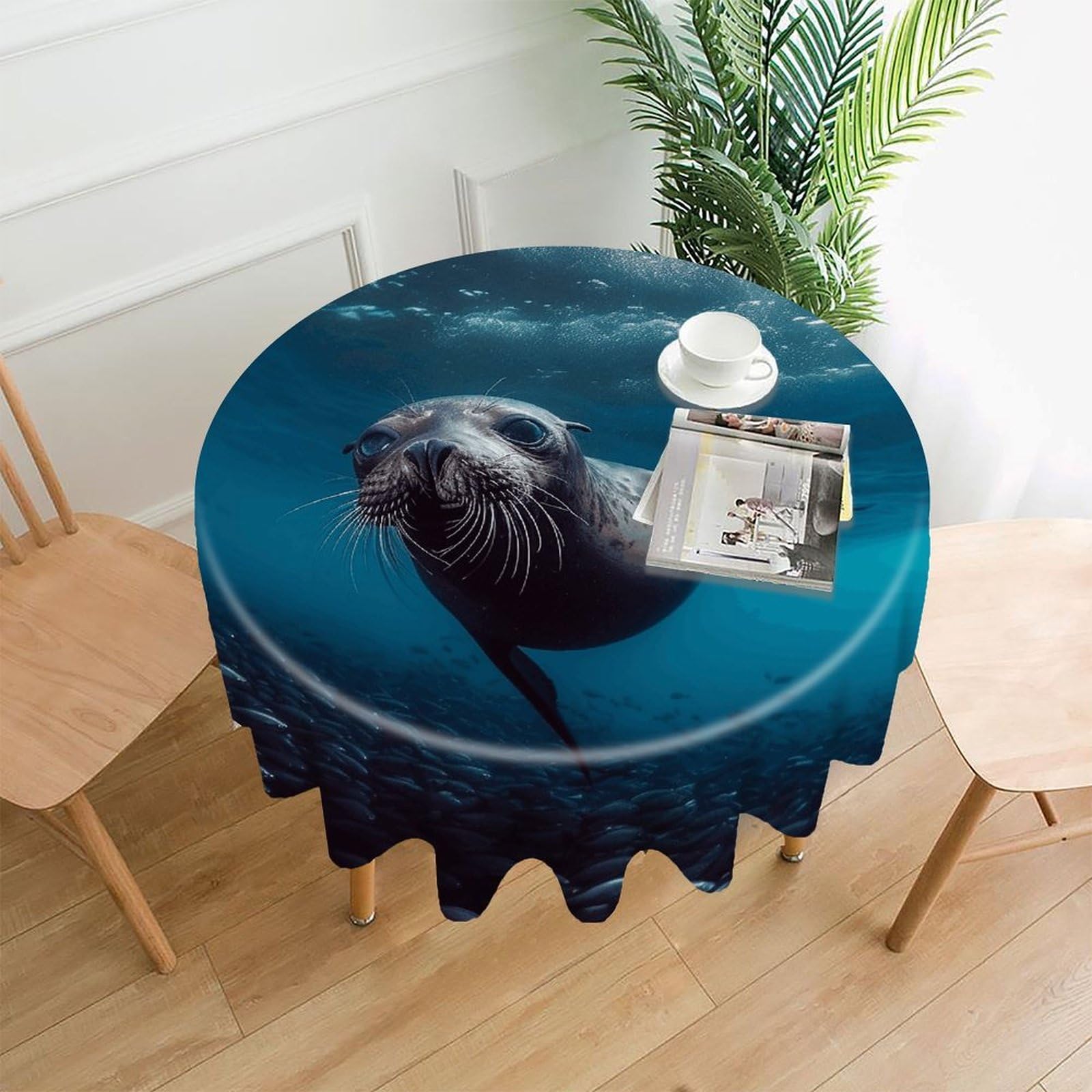 MUSM 60 Inch Underwater Sea Lion Round Tablecloth Wipeable Washable Table Cover for Kitchen and Dining Room Decorative Table Cloth for Party Holiday Picnic Outdoor