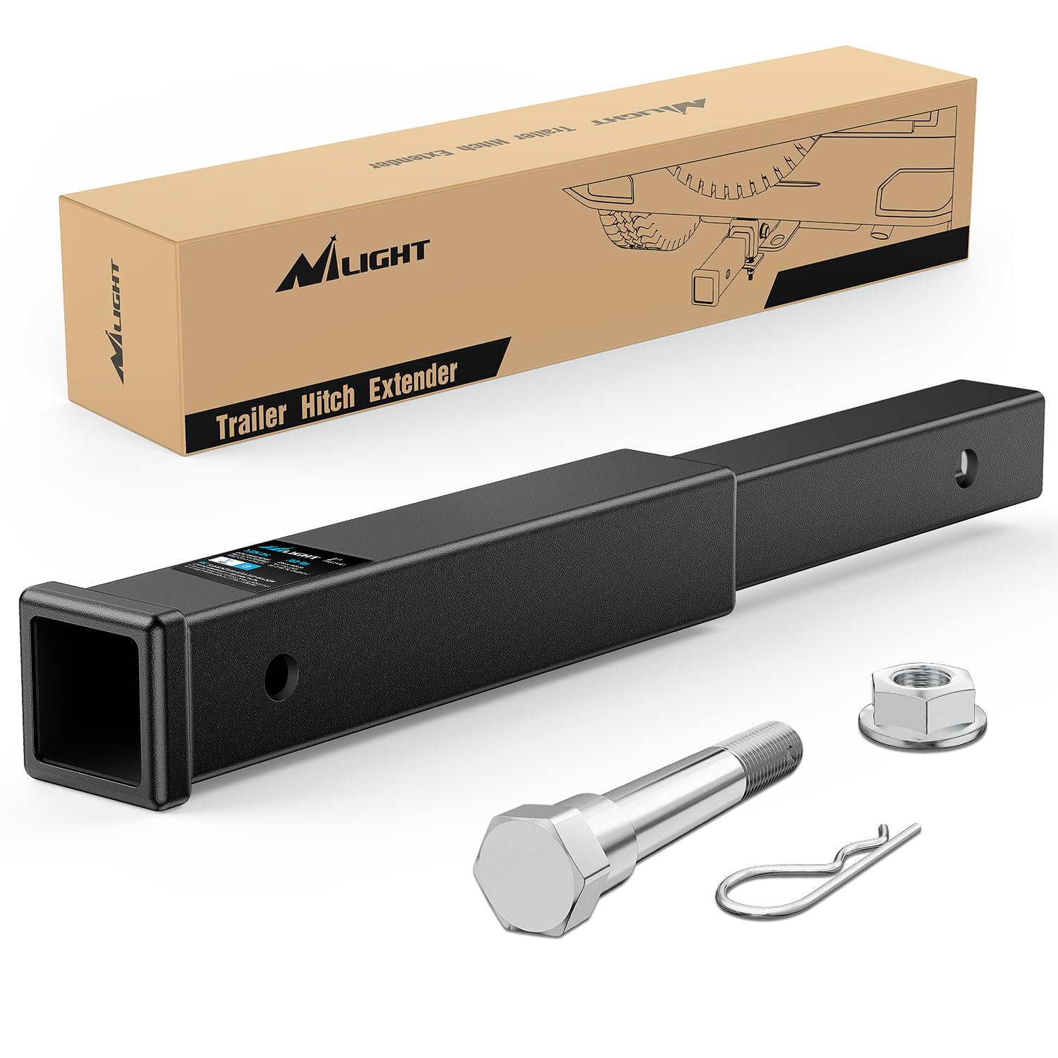 Nilight Trailer Hitch Extender 18 Inch Extension Length Fits for 2 Inch Receiver Tube with 5/8 Inch Stainless Steel Bolt Flange Nut and Clip 3,500 LBS GTW Matte Black