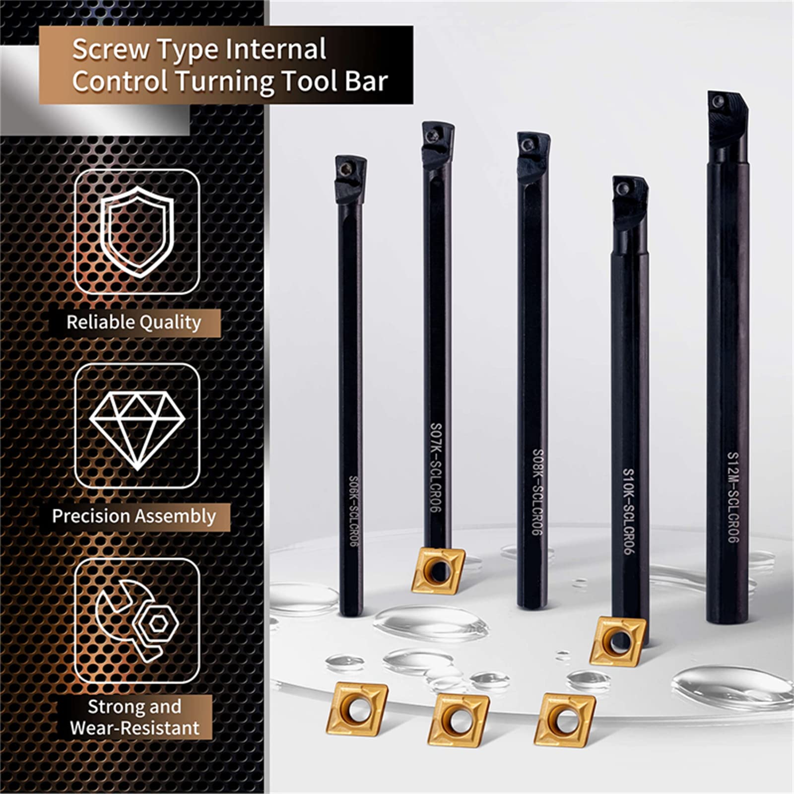 Portaherramientas de Torno CNC, 5 Piezas S06K/S07K/S08K/S10K/S12M-SCLCR06+10 Piezas Insertos de Carburo CCMT0602 + 5 Piezas Barra de Perforación de Torno con llave