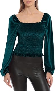 Zylphorix Women Suede Smocked Blouse Tops Square Neck Ruffle Frill T-Shirt Frill Shirred Long Sleeved Tee