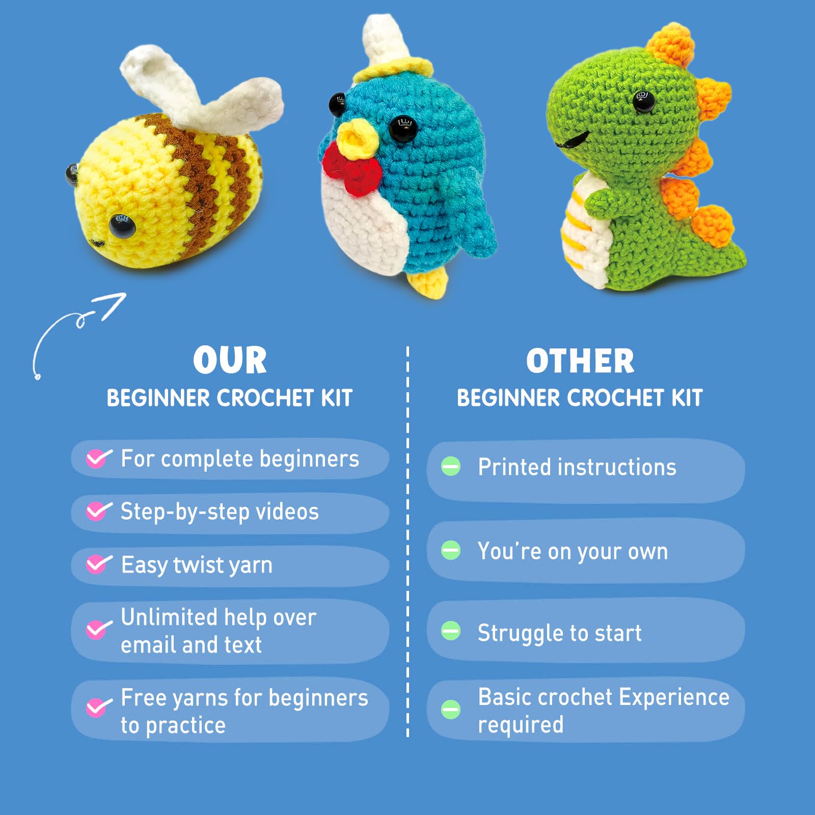 Kit Crochet Débutant Granvoo - Animaux Amigurumi (grenouille, Hibou, Pingouin) - Laine Et Instructions