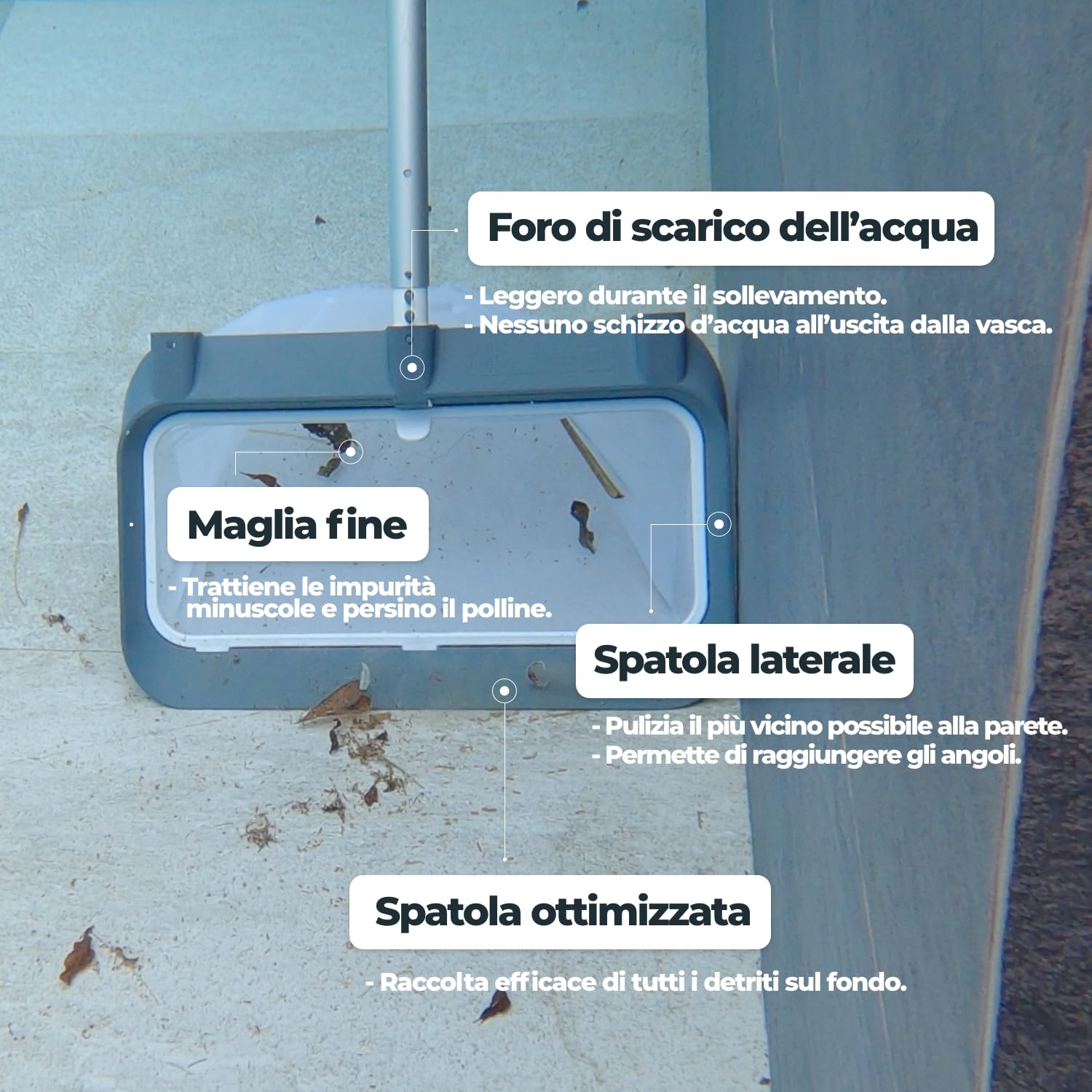 Nodi Net+ | Retino da Piscina Professionale 3-in-1 | Fondo, Superficie e Vano Tapparella Sommersa | Resistenza 32 kg | Rete Sostituibile | Duraturo ed Economico