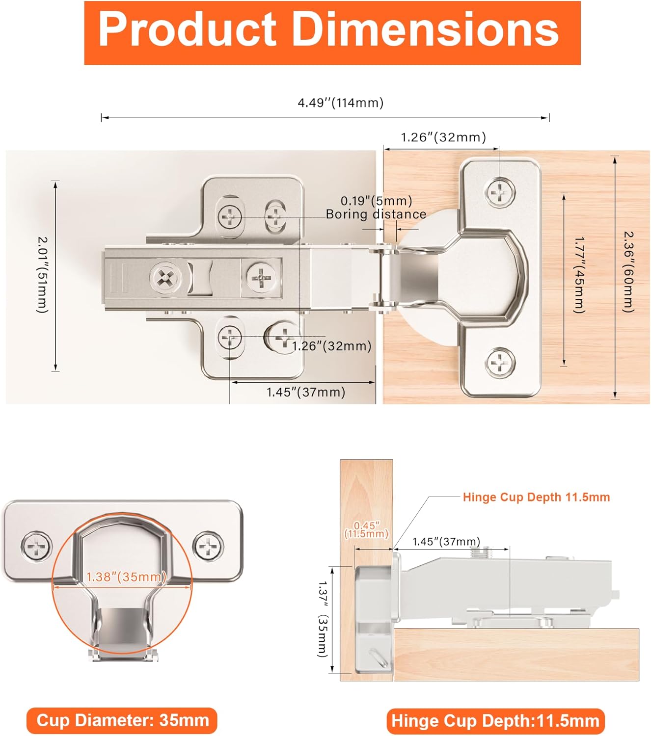 Kimdot 10-Pack High-Performance Frameless Full Overlay Soft Close Cabinet Hinges, Clip-On Self-Closing European Hinges, Cabinet Door Hinges with Screws,Concealed Kitchen Hinges for Modern funiture