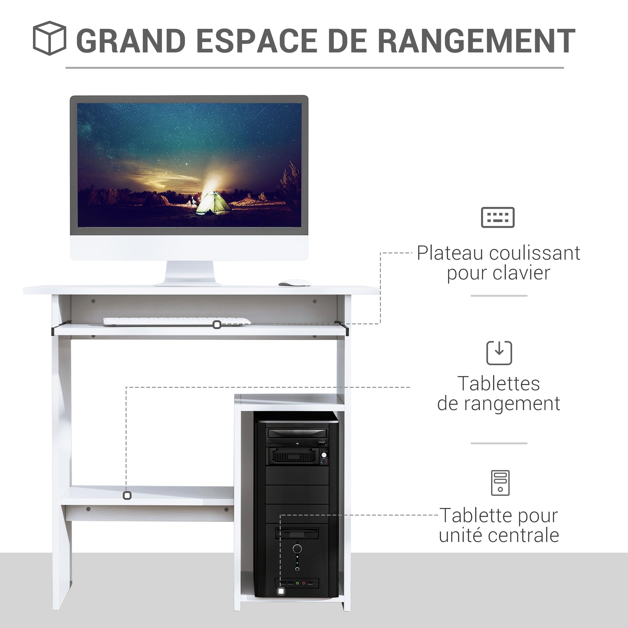 HOMCOM Petit Bureau D'Ordinateur avec Support CPU 80 x 45 x 75 cm Blanc