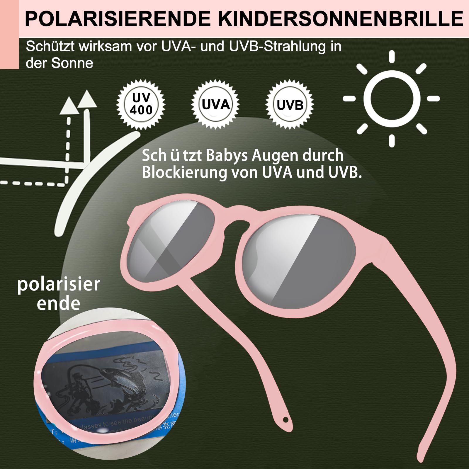 lunettes de soleil bébé 0-36 mois, Protection UV400 Polarisée, avec étui à lunettes de soleil et chiffons de nettoyage, bandeau ajustable, monture polarisée flexible - Pour Enfant