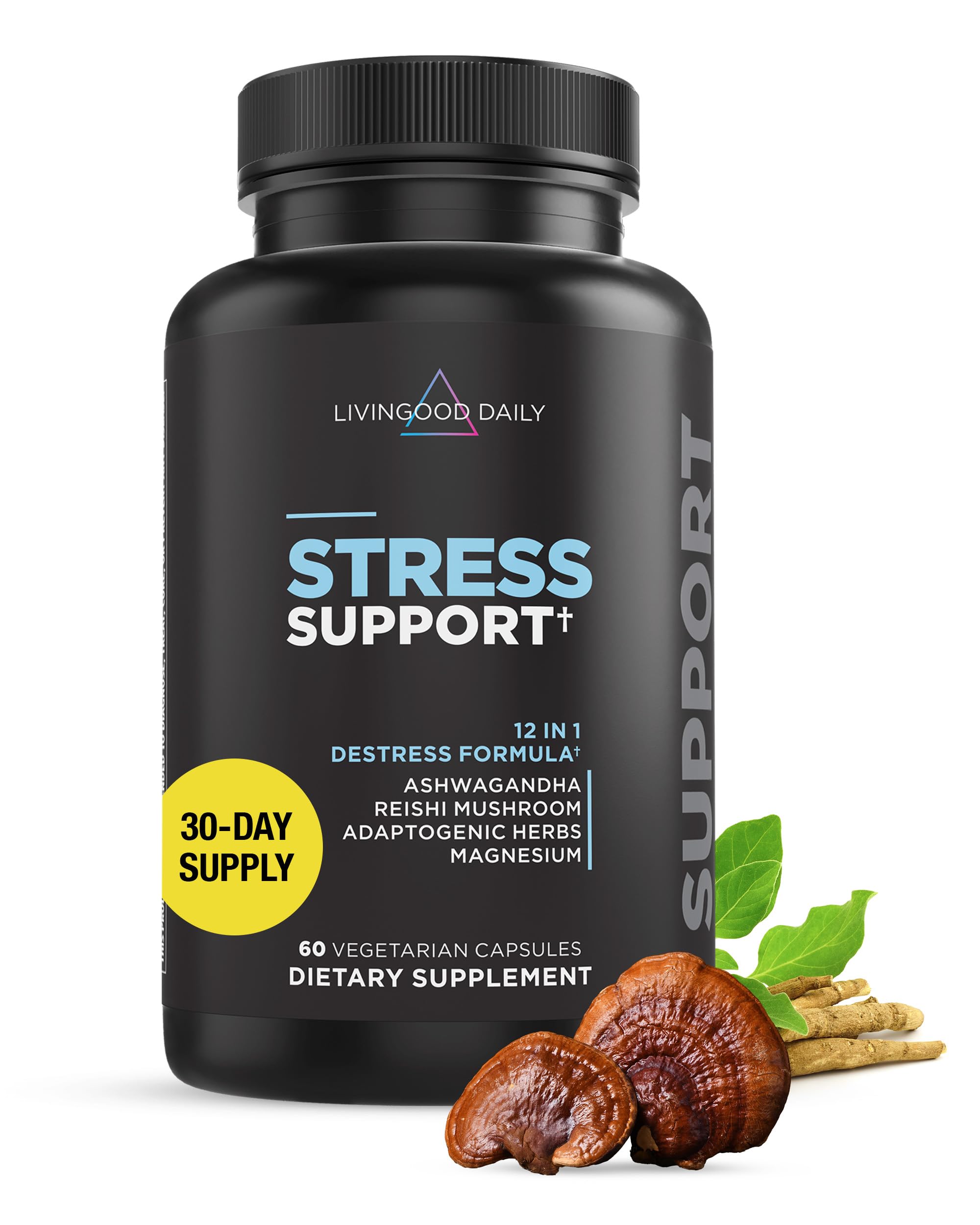 Livingood Daily De-Stress - Natural Cortisol Support - Adaptogens Supplements - Ashwagandha, Rhodiola Rosea, Reishi Mushroom, Ginseng, Holy Basil & Horseradish - Vegan, 60 Capsules