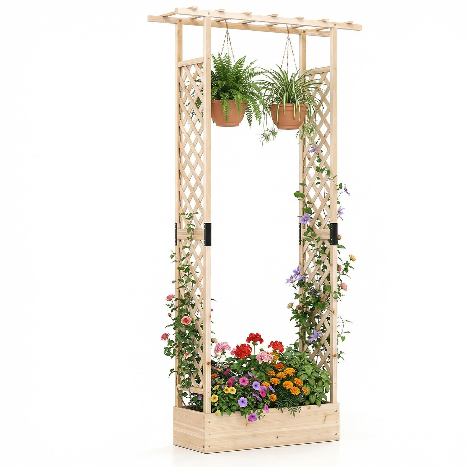 COSTWAY Fioriera Rialzata con Grigliato, Letto da Giardino Rialzato in Legno con Traliccio, Tetto e Fori di Drenaggio, Aiuola Elevata per Piante Rampicanti, Viti e Fiori (Naturale,110 x 35 x 227 cm)