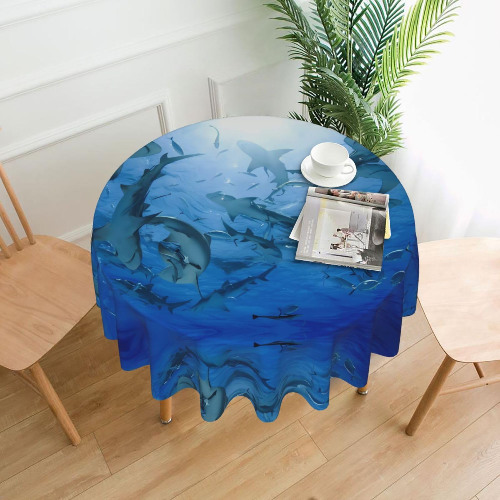 WHJSHOP Ocean Animal Shark Prints Round Table Throw 60 Inch – Waterproof Table Cover for Dining, Coffee Tables, Parties & More - Soft, Wrinkle-Resistant Table Layer
