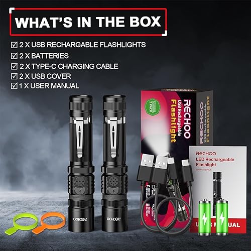 Miniatura 7 de RECHOO - Linternas recargables con doble interruptor, luces de flash brillantes pequeñas con 5 modos, zoom, IP65 impermeable para camping,