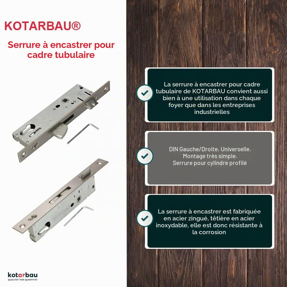 KOTARBAU® Serrure à cadre tubulaire - 92 mm - Distance au canon : 35 mm - En acier inoxydable - Serrure à encastrer pour cylindre profilé gauche/droite (35 mm)