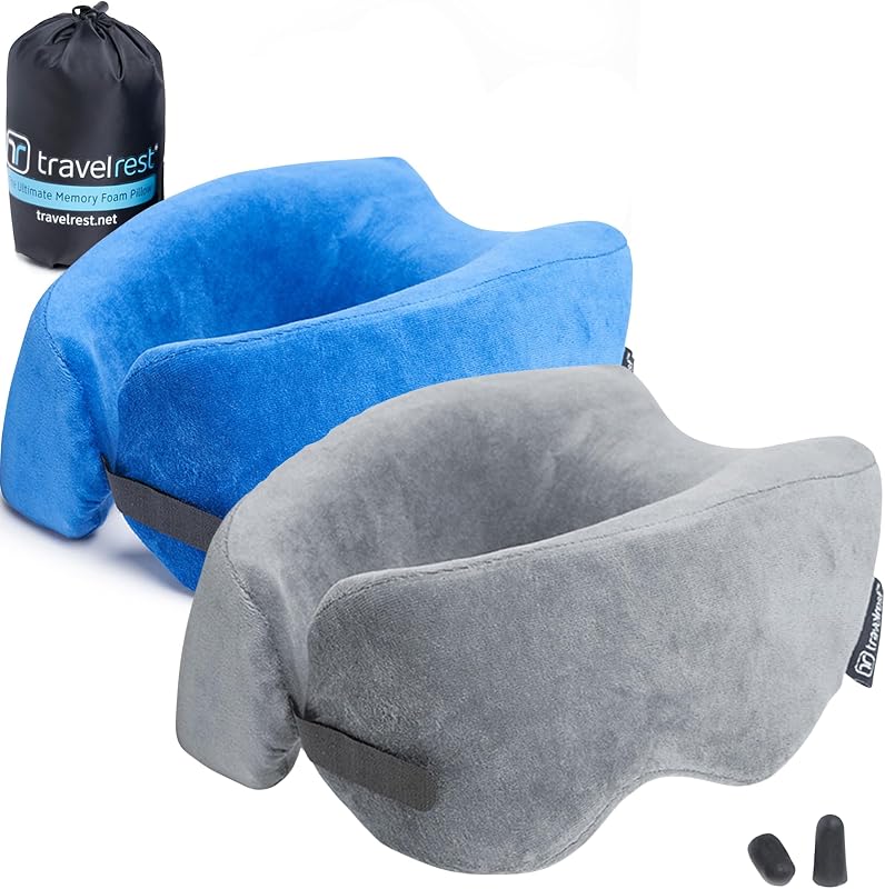 Nest Memory Foam Travel Pillow/Neck Pillow 2-Pack - Advanced Neck Support for Long Flights - Patented Design for Optimal Relaxation - Long Travel - Machine Washable - Blue & Grey